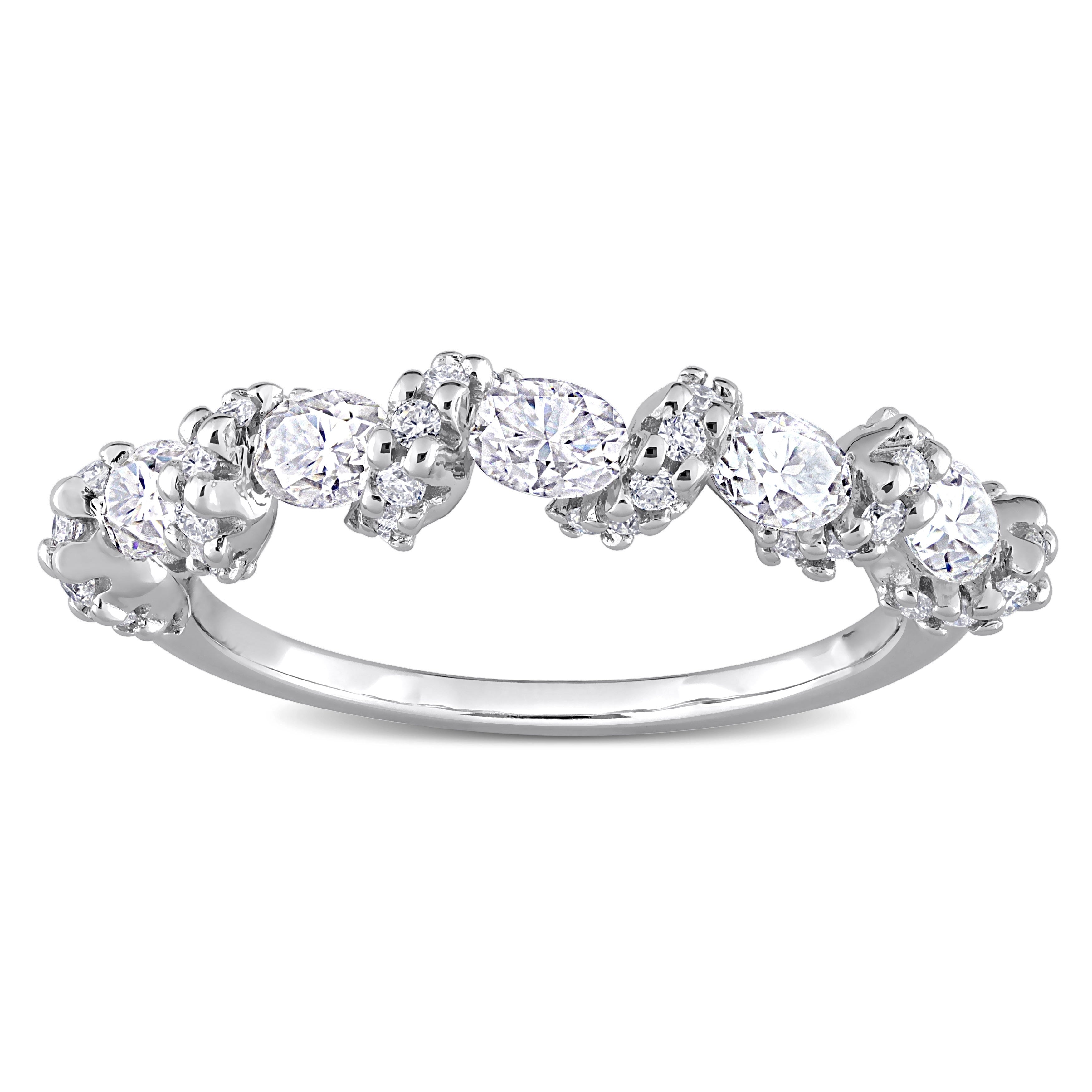 Miadora 1ct DEW Oval Moissanite Swirl Semi-Eternity Wedding Band Ring in Sterling Silver