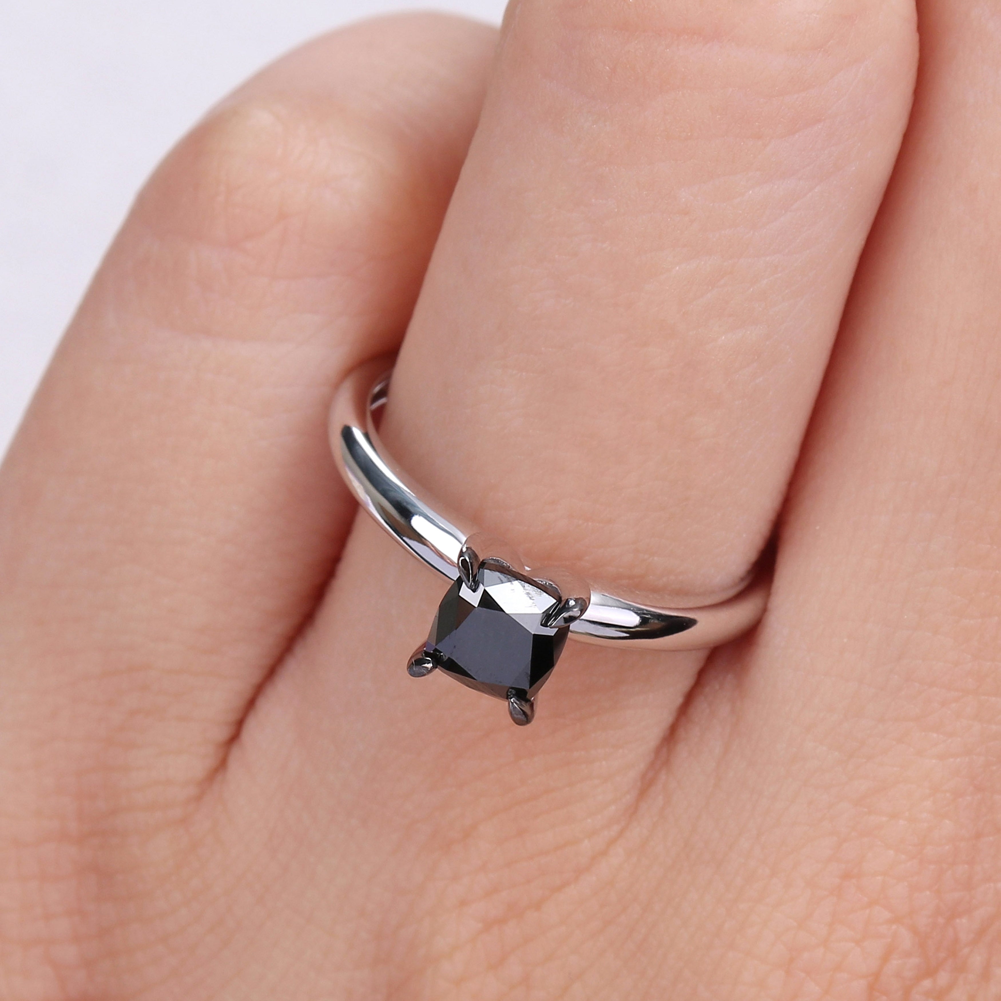 Miadora 1ct TDW Cushion-cut Black Diamond Solitaire Engagement Ring in 14k White Gold