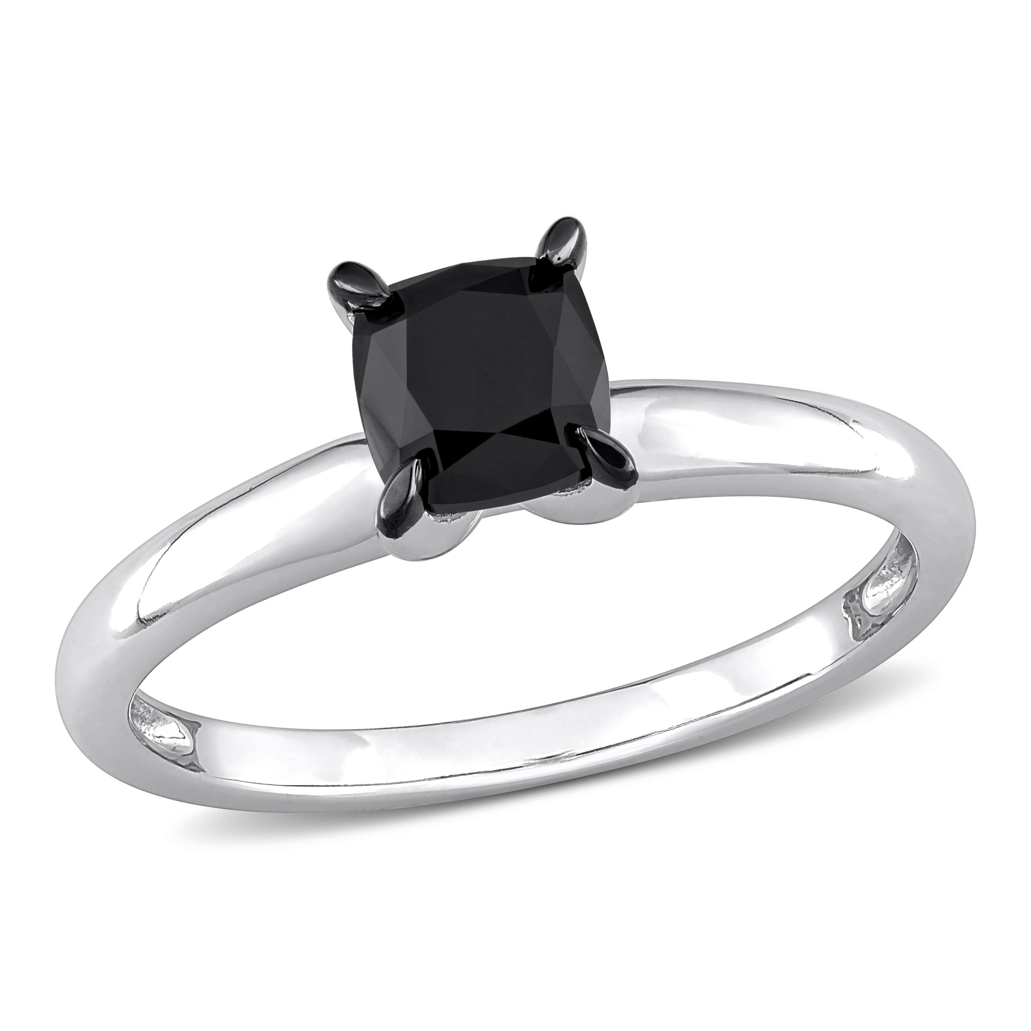 Miadora 1ct TDW Cushion-cut Black Diamond Solitaire Engagement Ring in 14k White Gold