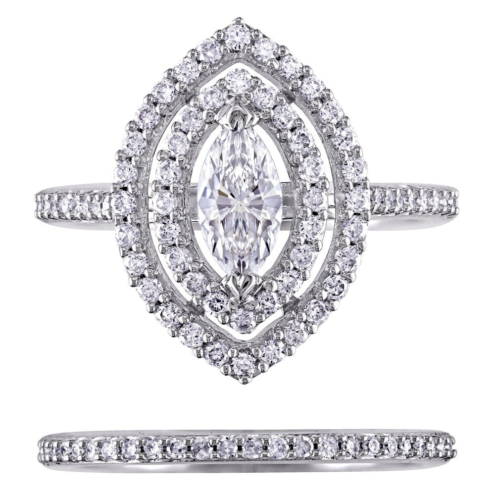 Miadora 1ct TDW Marquise-Cut Diamond Double Teardrop Halo Bridal Ring Set in 14k White Gold