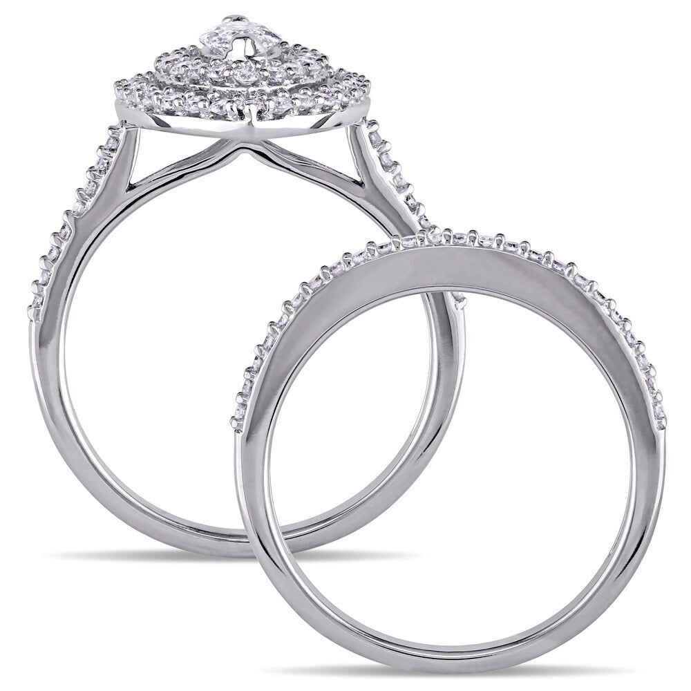 Miadora 1ct TDW Marquise-Cut Diamond Double Teardrop Halo Bridal Ring Set in 14k White Gold