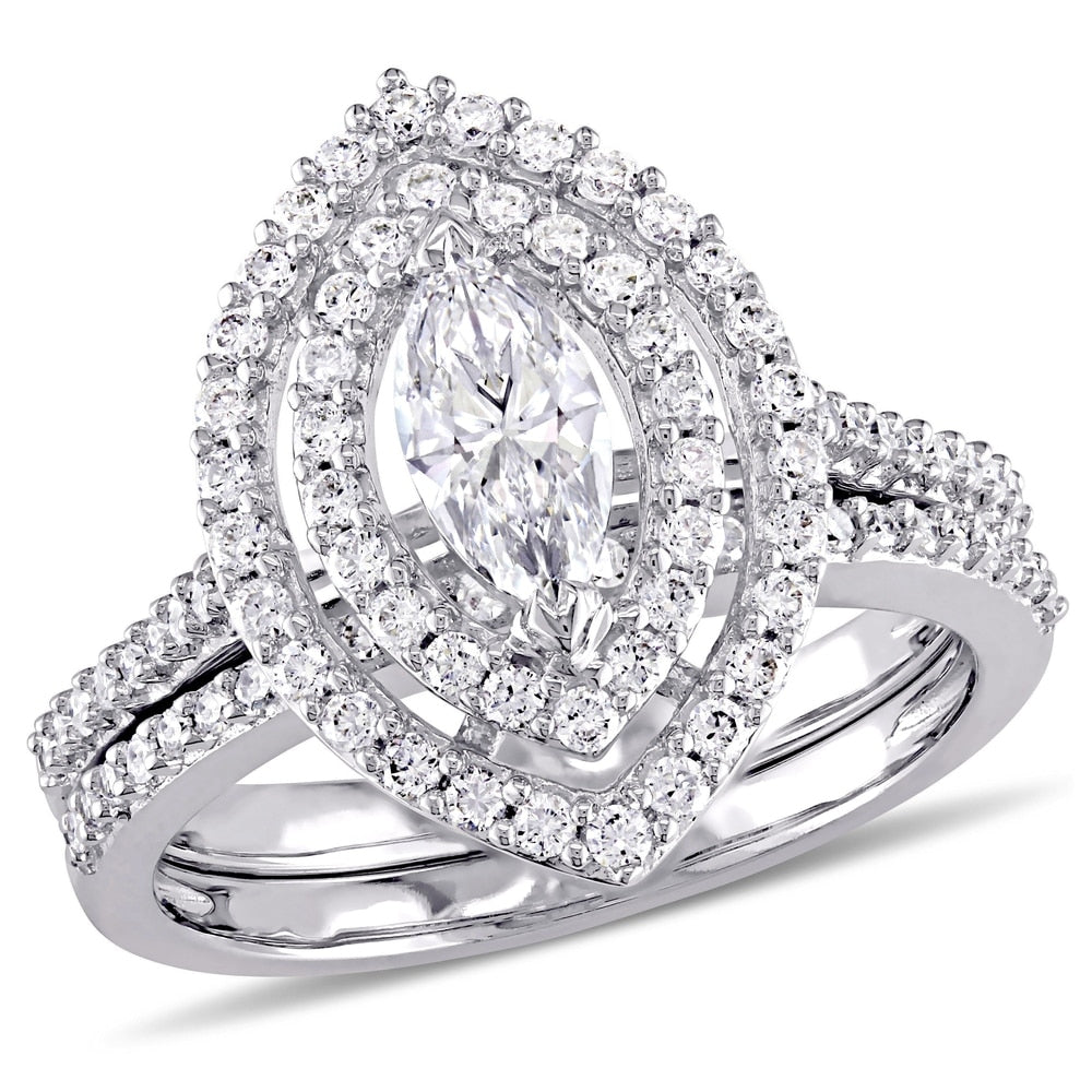 Miadora 1ct TDW Marquise-Cut Diamond Double Teardrop Halo Bridal Ring Set in 14k White Gold