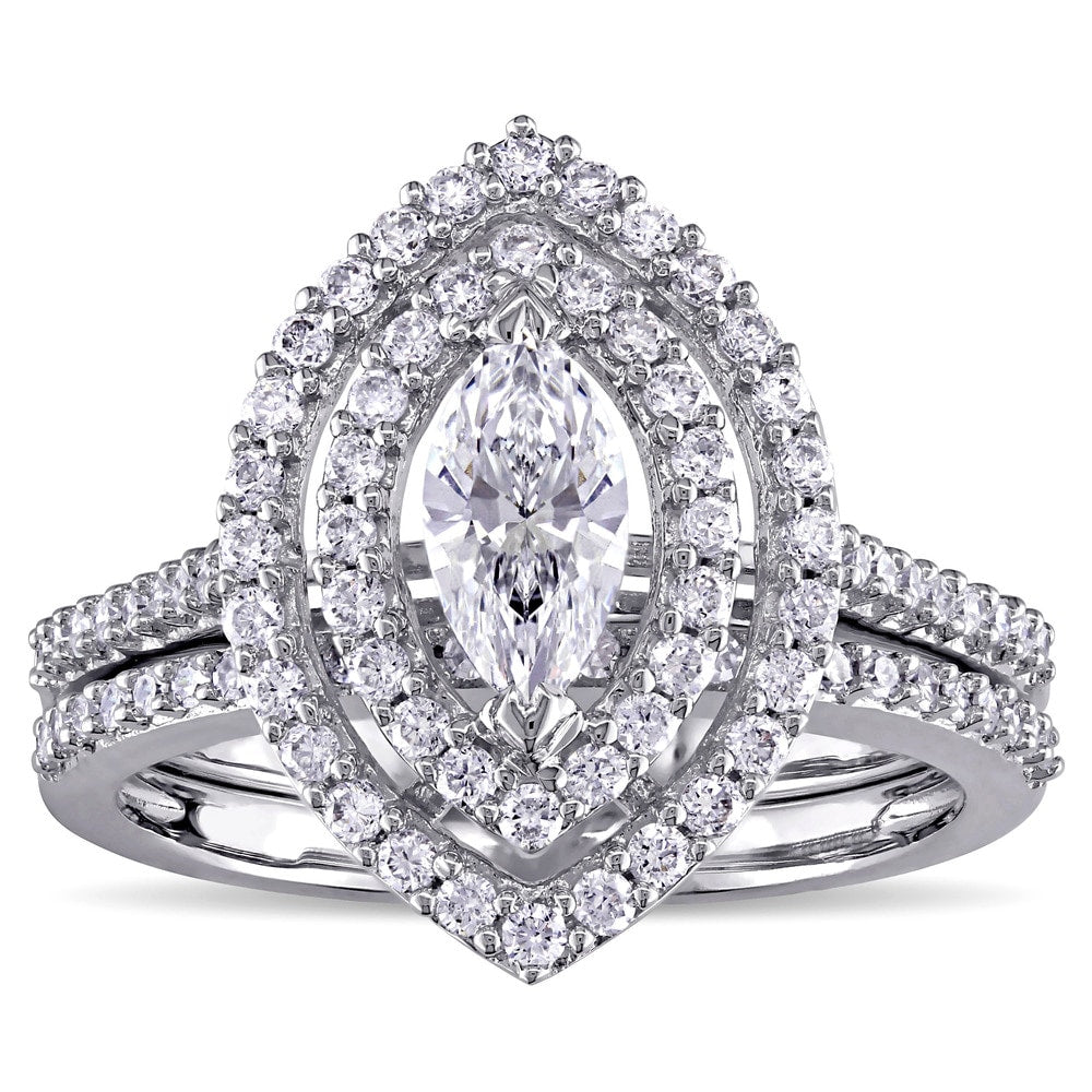 Miadora 1ct TDW Marquise-Cut Diamond Double Teardrop Halo Bridal Ring Set in 14k White Gold