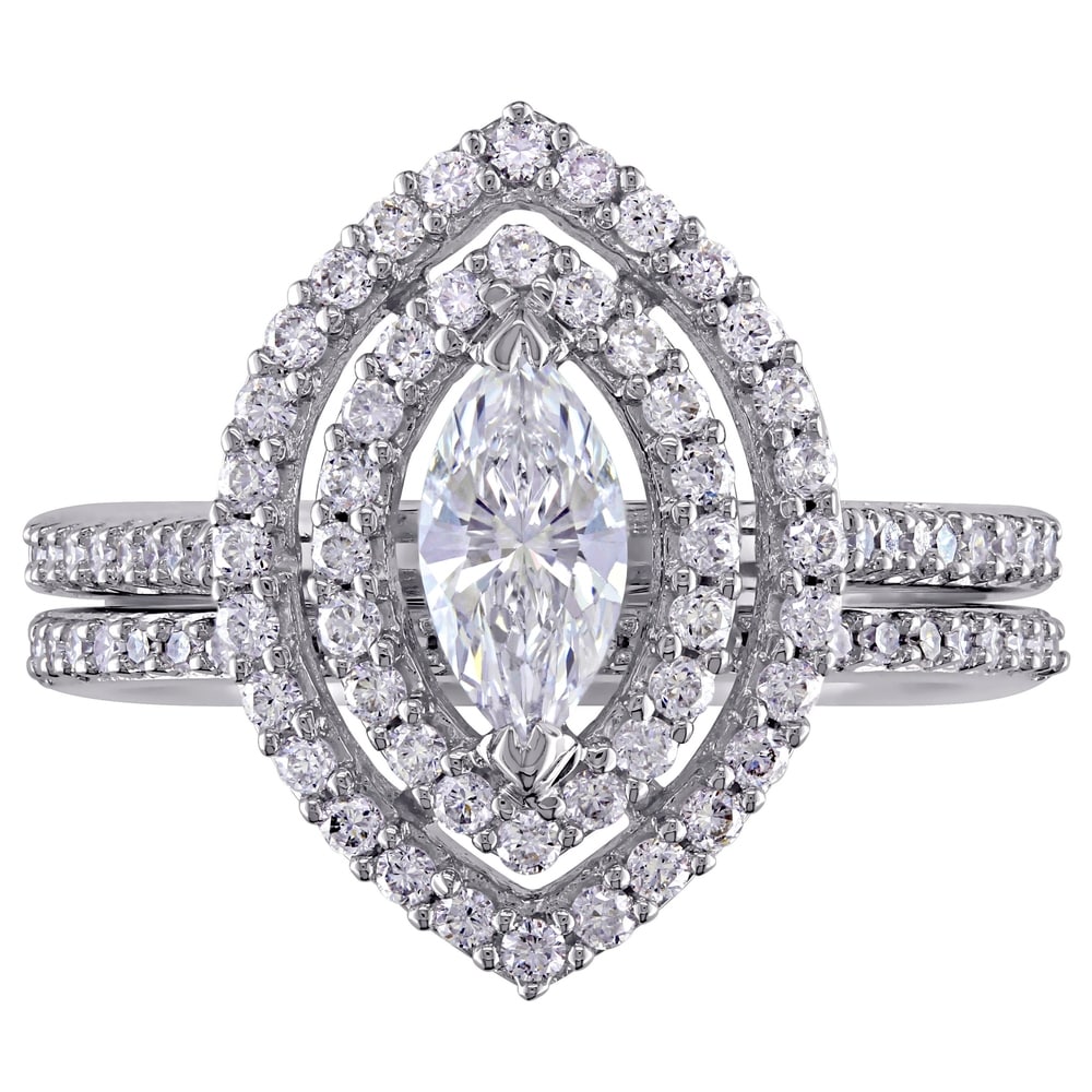 Miadora 1ct TDW Marquise-Cut Diamond Double Teardrop Halo Bridal Ring Set in 14k White Gold