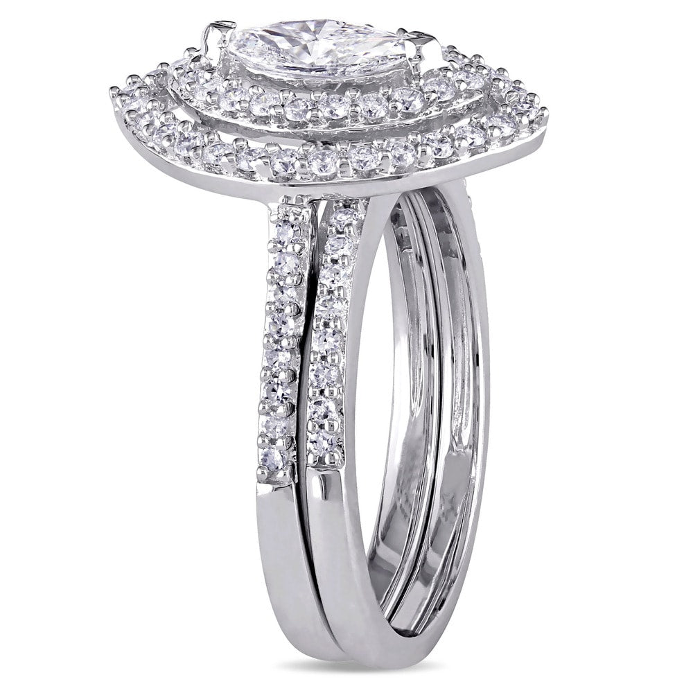 Miadora 1ct TDW Marquise-Cut Diamond Double Teardrop Halo Bridal Ring Set in 14k White Gold