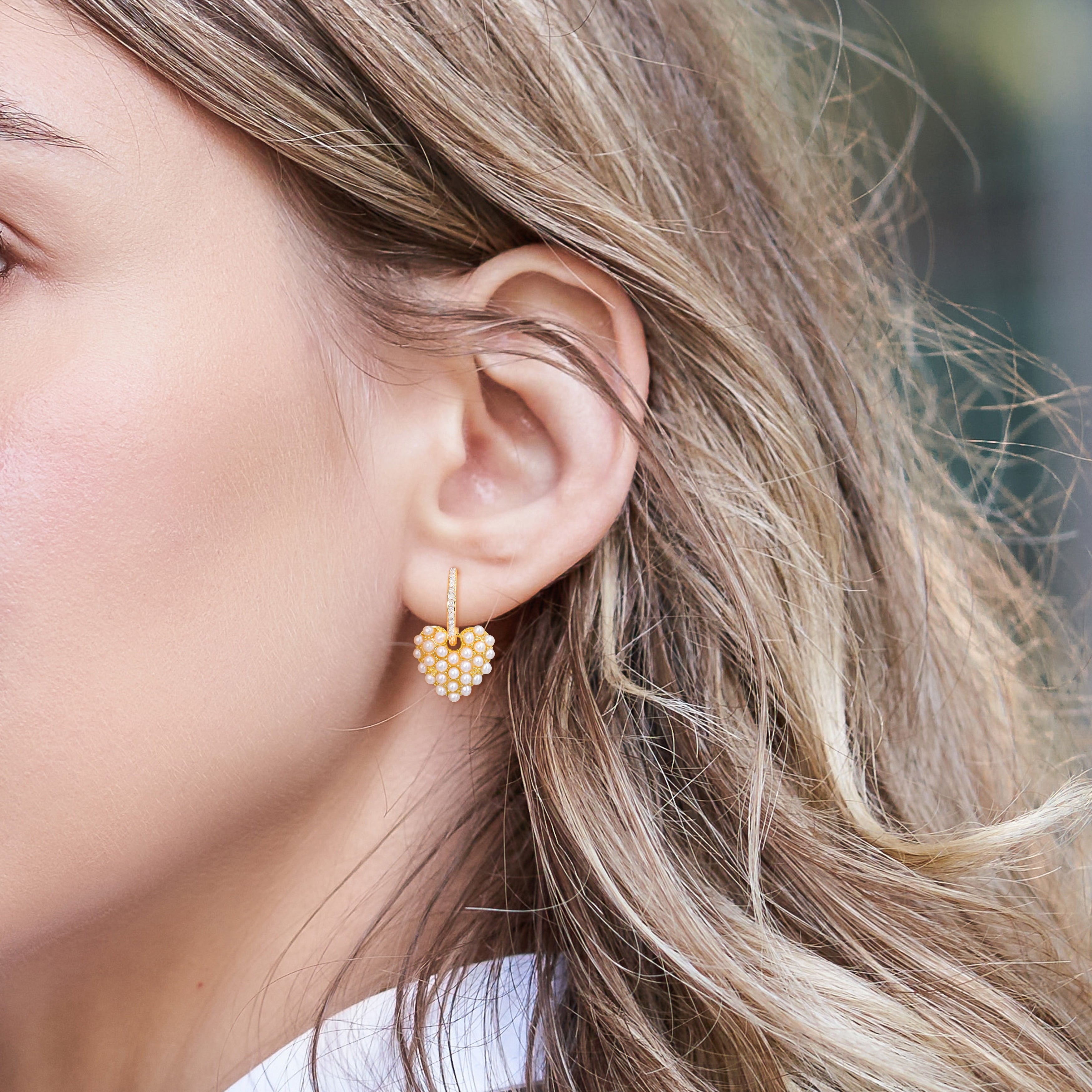 Miadora 2-2.5mm Cultured Freshwater Pearl and 1/8ct TDW Diamond Heart Charm Huggie Hoop Earrings in Yellow Silver