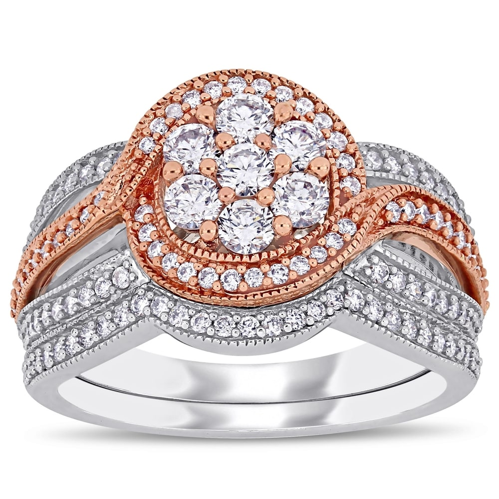 Miadora 2-Tone 14k Gold 1ct TDW Diamond Floral Cluster Halo Bridal Ring Set