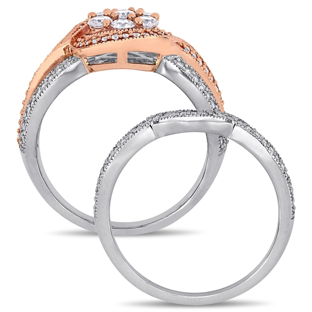 Miadora 2-Tone 14k Gold 1ct TDW Diamond Floral Cluster Halo Bridal Ring Set