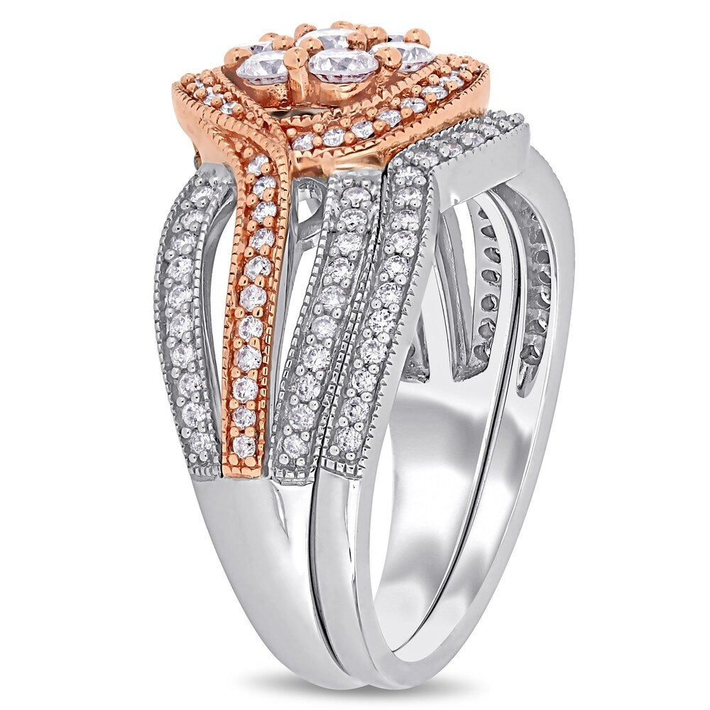 Miadora 2-Tone 14k Gold 1ct TDW Diamond Floral Cluster Halo Bridal Ring Set