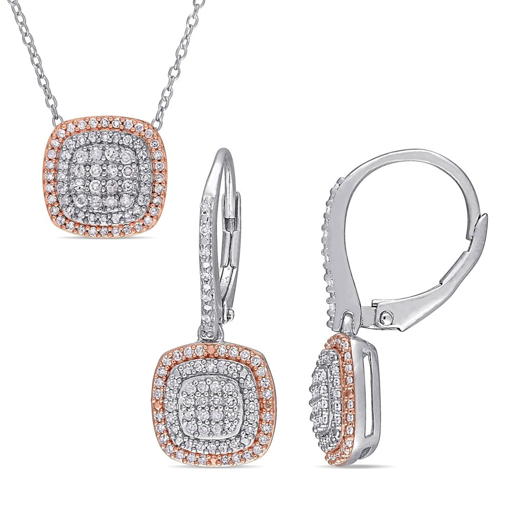 Miadora 2-Tone Sterling Silver 1ct TDW Diamond Clustered Halo Drop Jewelry Set