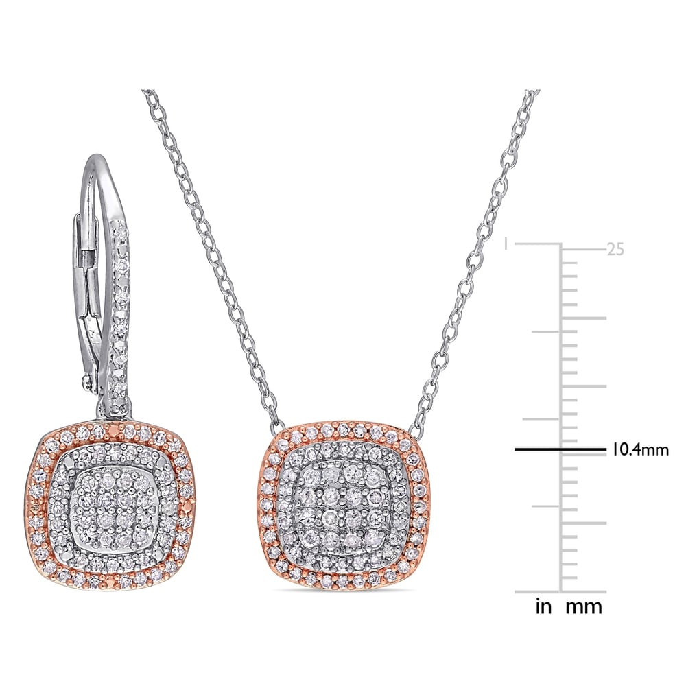 Miadora 2-Tone Sterling Silver 1ct TDW Diamond Clustered Halo Drop Jewelry Set
