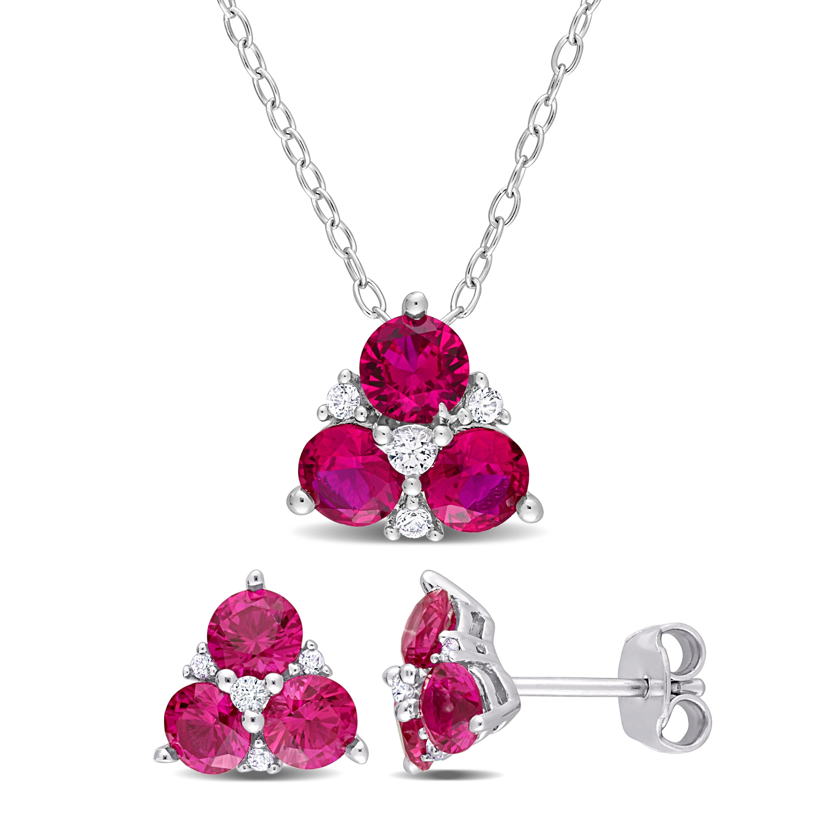 Miadora 3 1/3ct TGW Created Ruby & Created White Sapphire 3-Stone Earrings & Necklace Set Sterling Silver