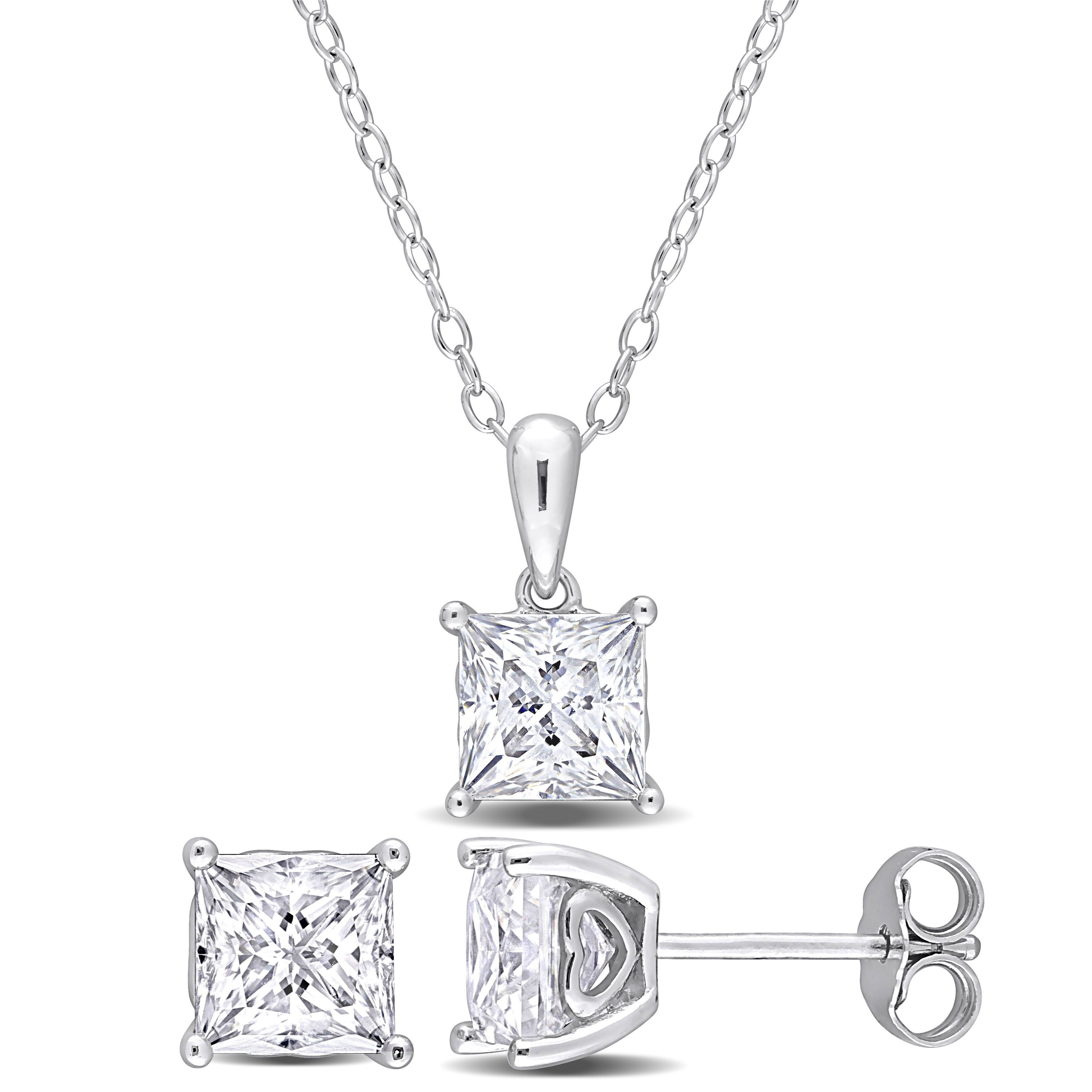 Miadora 3 3/4ct DEW Square Created Moissanite Necklace and Stud Earrings Set Sterling Silver