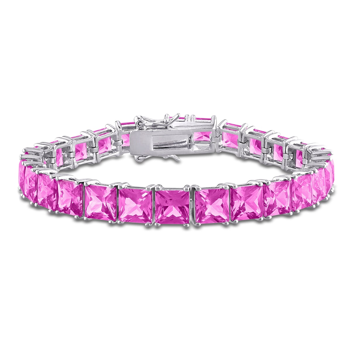 Miadora 34 3/4ct TGW Square-Cut Created Pink Sapphire Tennis Bracelet Sterling Silver