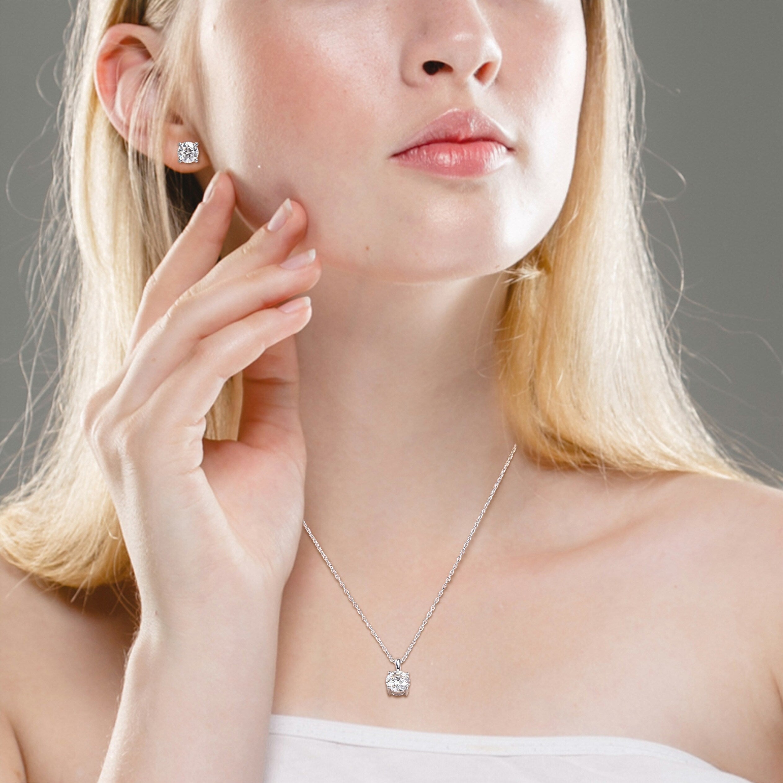 Miadora 3ct DEW Created Moissanite Solitaire Necklace and Stud Earrings Set Sterling Silver