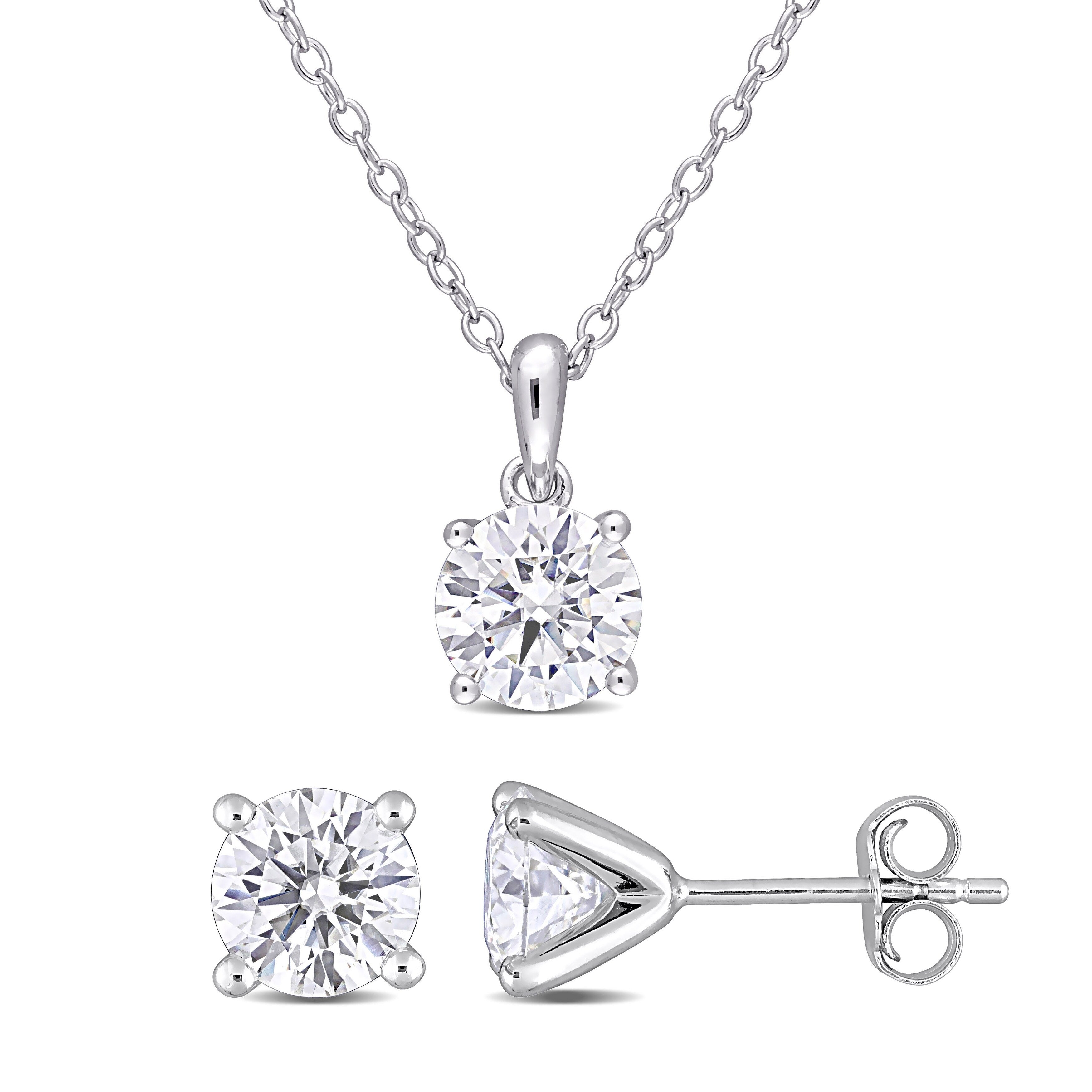 Miadora 3ct DEW Created Moissanite Solitaire Necklace and Stud Earrings Set Sterling Silver
