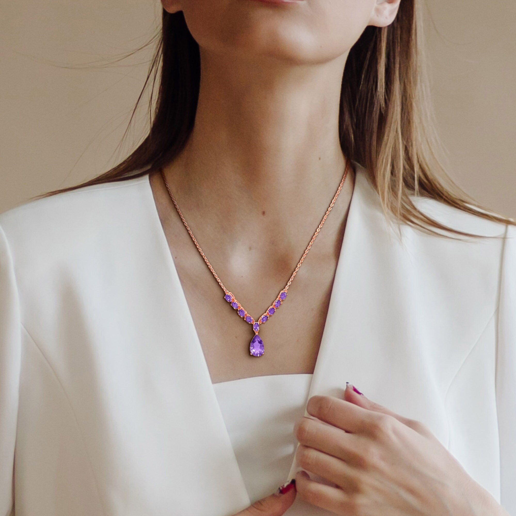 Miadora 3ct TGW Pear and Oval-Cut Amethyst Lariat Necklace in Rose Silver-18 in+2 ext