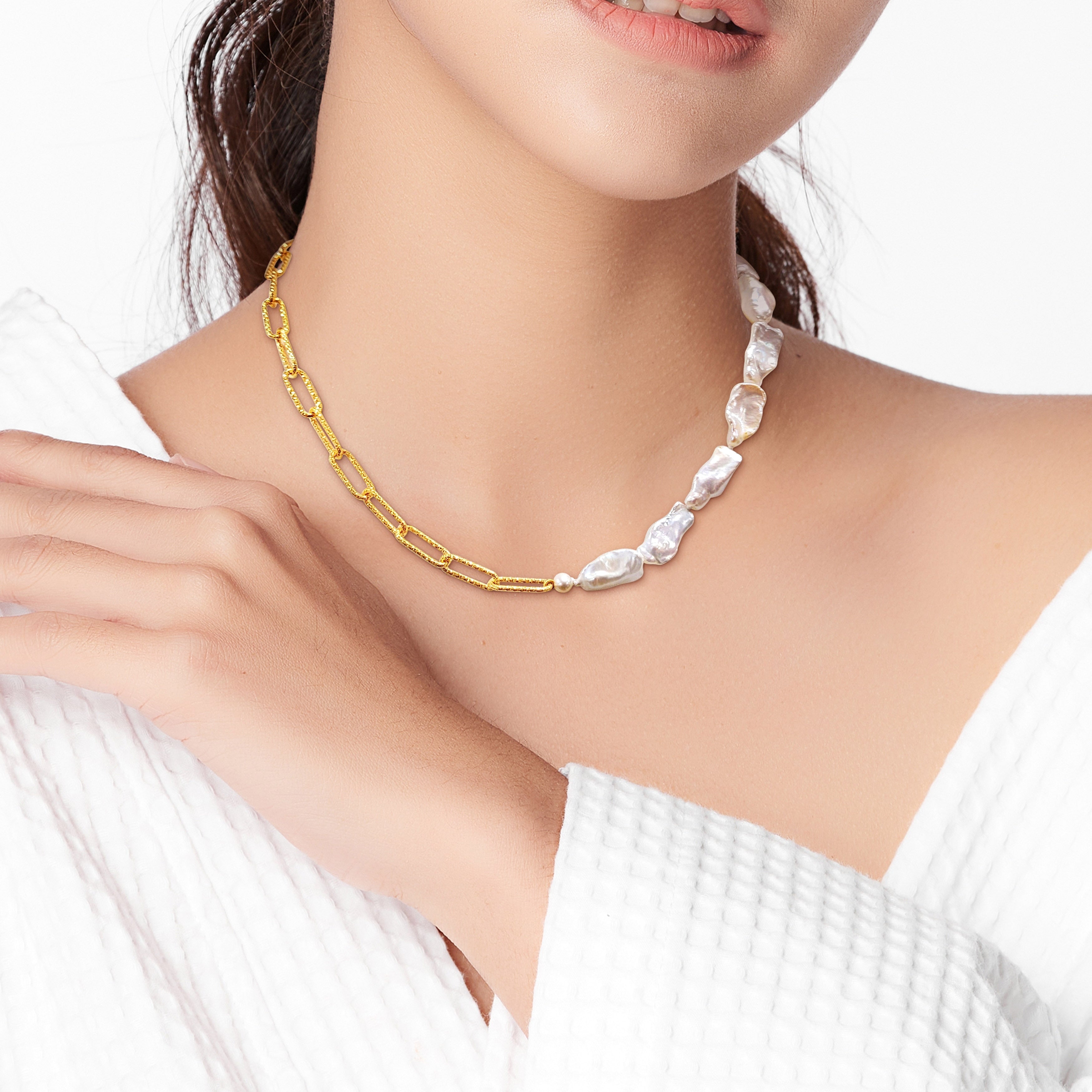 Miadora 5-7mm Cultured Freshwater Keshi Pearl and 7mm Link Chain Necklace Silver
