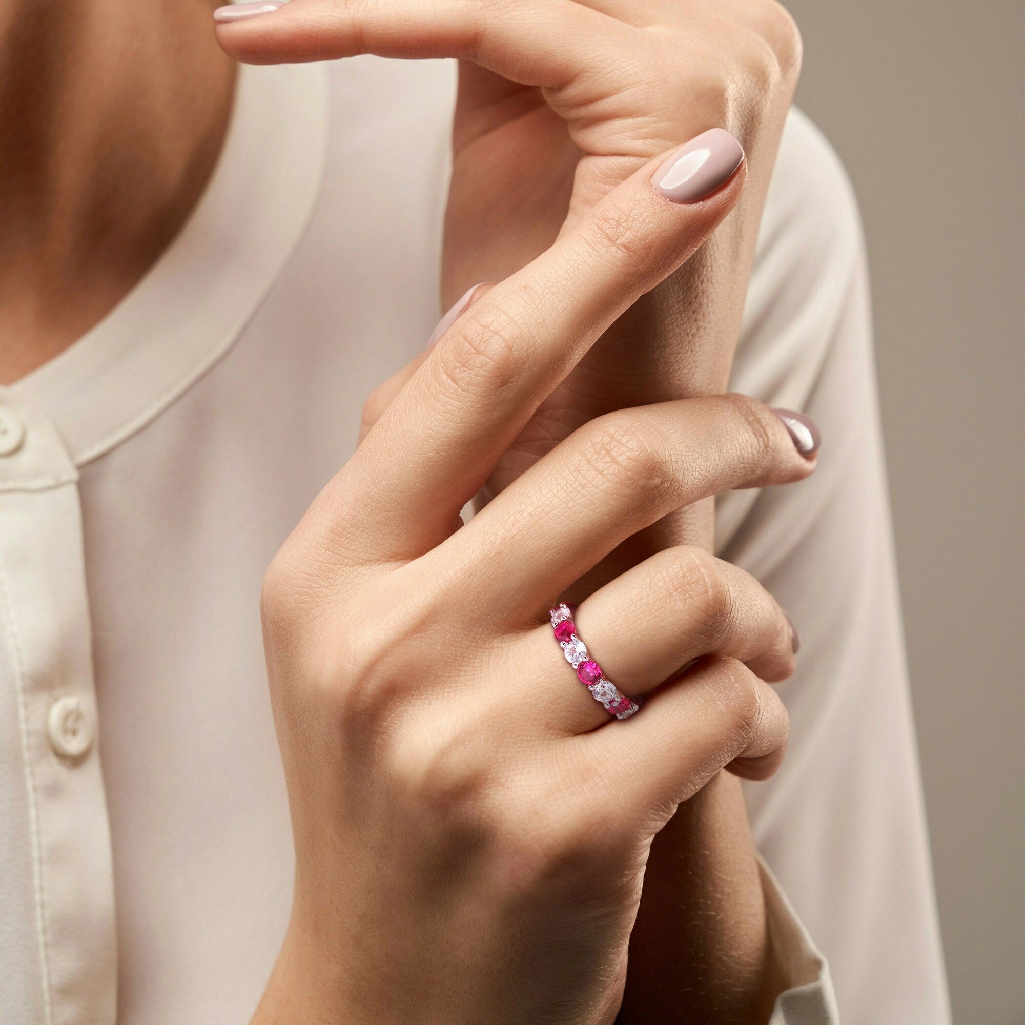 Miadora 5ct TGW Created Ruby and White Sapphire Eternity Ring in Sterling Silver