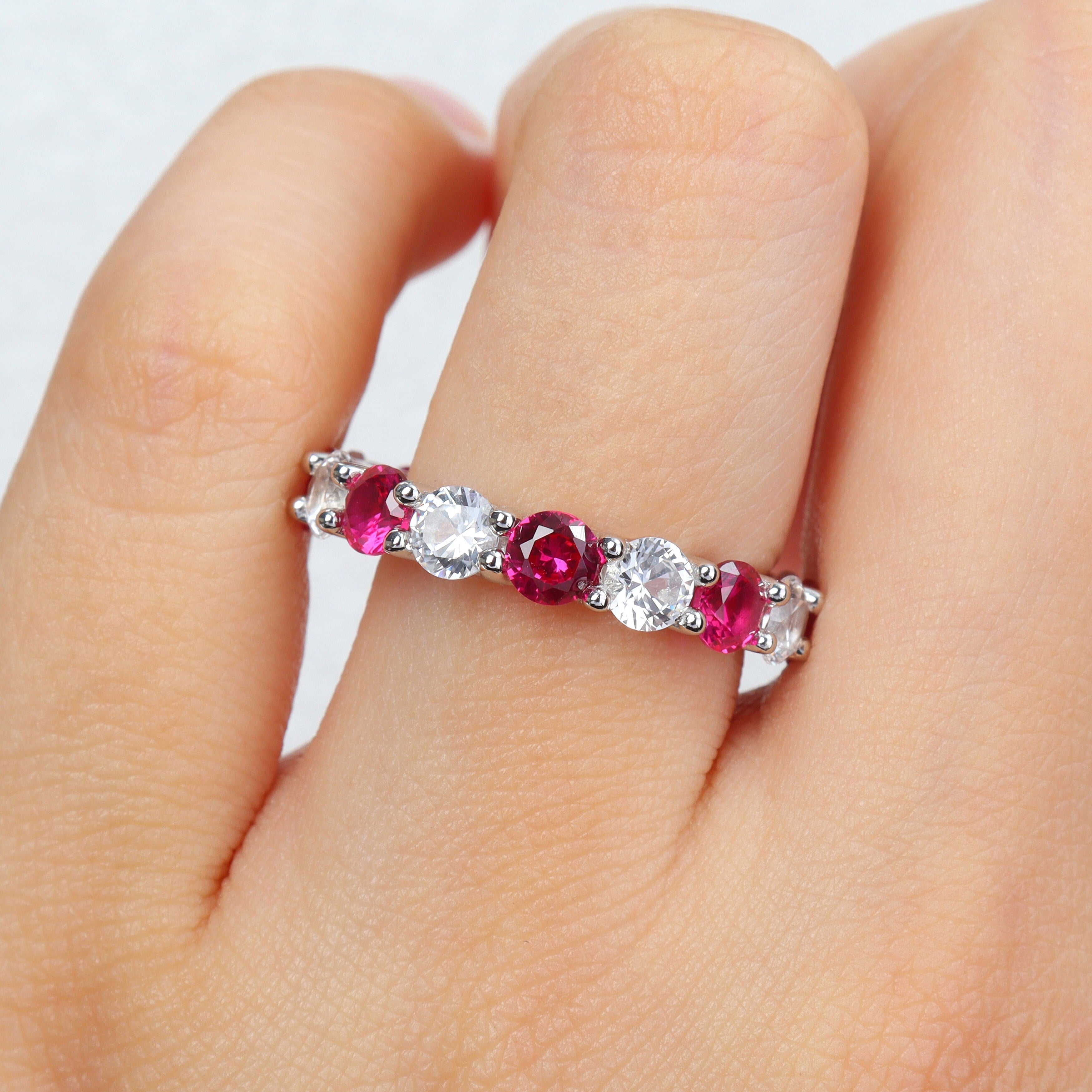 Miadora 5ct TGW Created Ruby and White Sapphire Eternity Ring in Sterling Silver