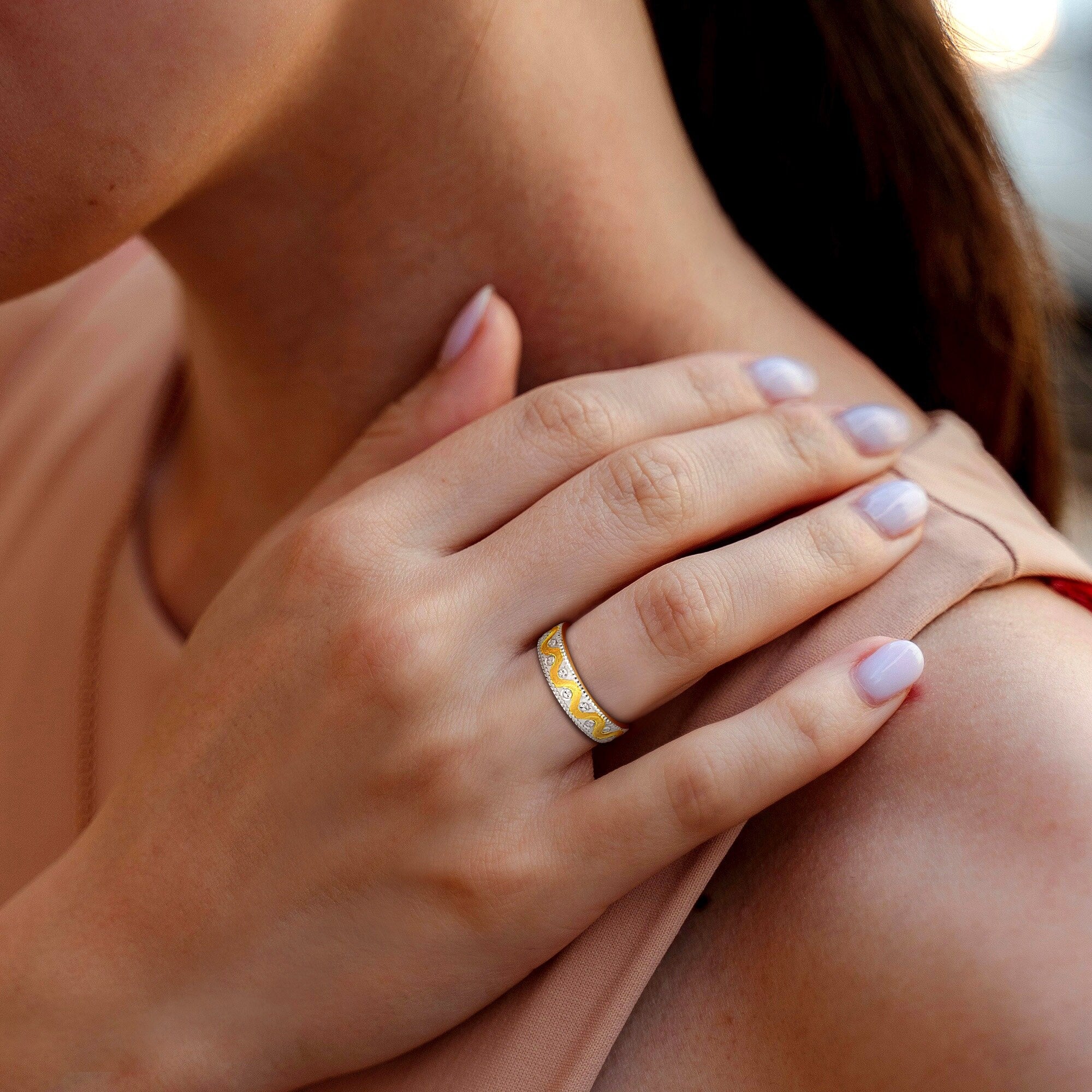 Miadora 5mm Wave Design Wedding Band in Two-Tone 14k Yellow and White Gold