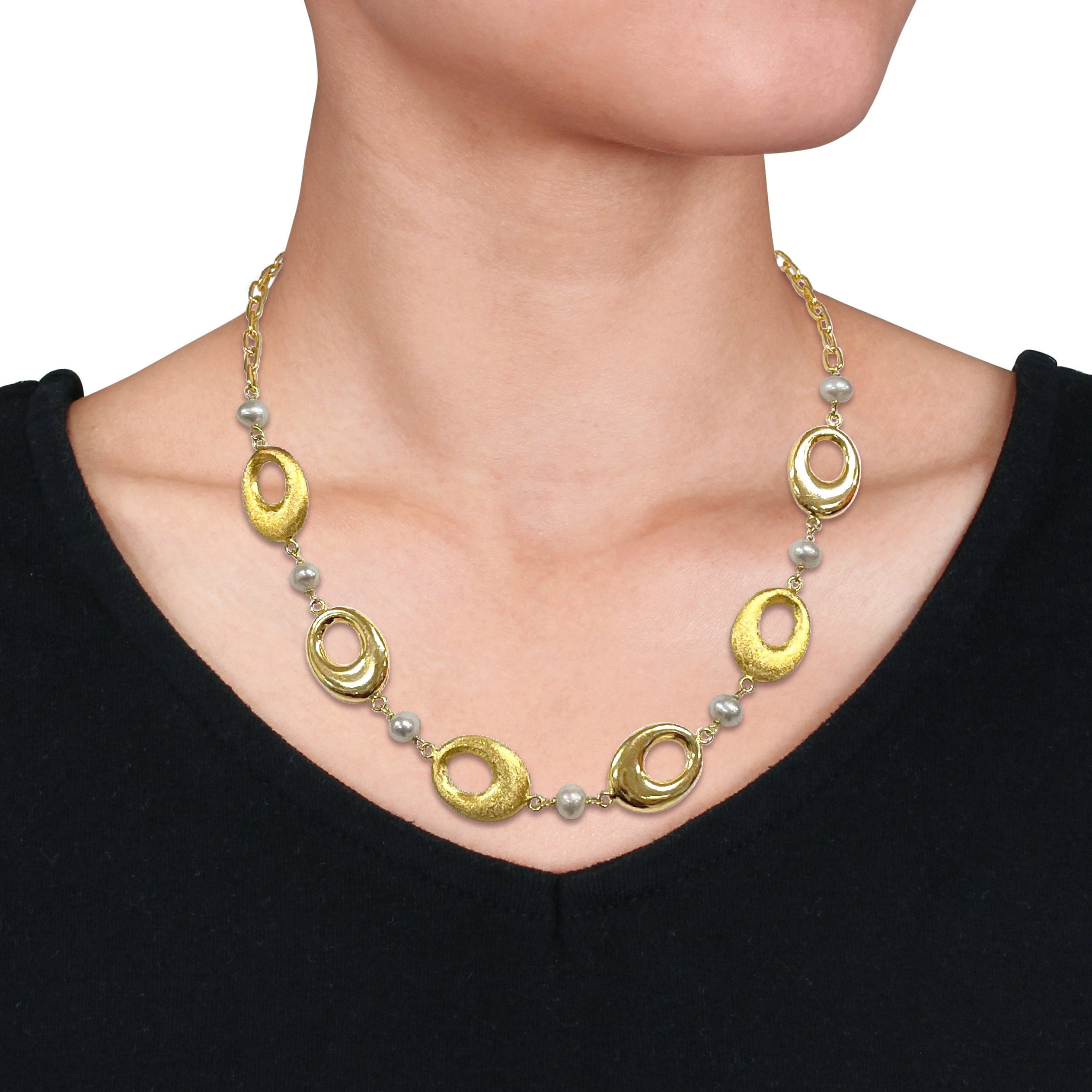 Miadora 6-7mm Cultured Freshwater Pearl and Oval Disc Station Chain Necklace in Yellow Silver - 20 in x 17 mm x 6.5 mm