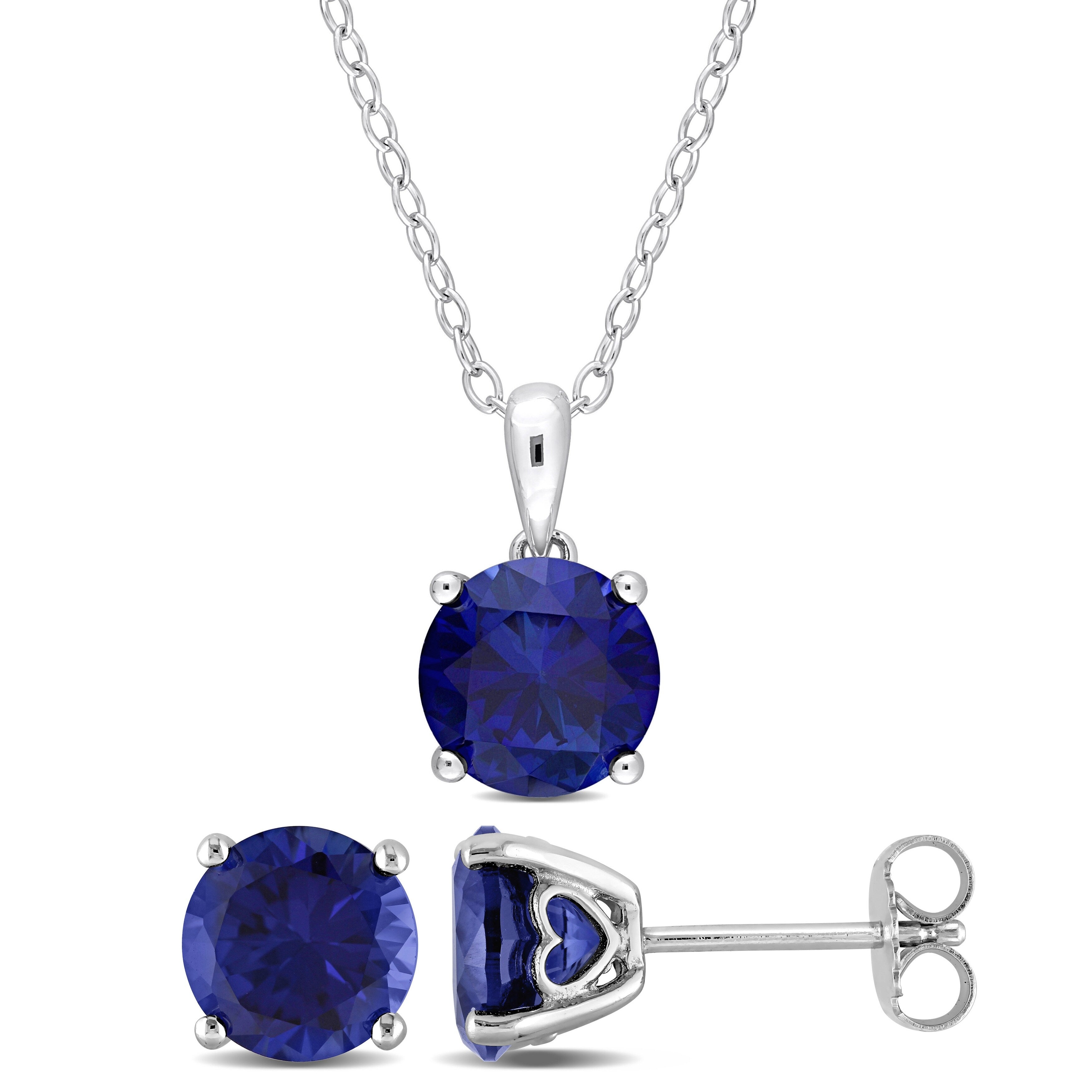 Miadora 7 1/5ct TGW Round Created Blue Sapphire Set of Necklace and Earrings in Sterling Silver