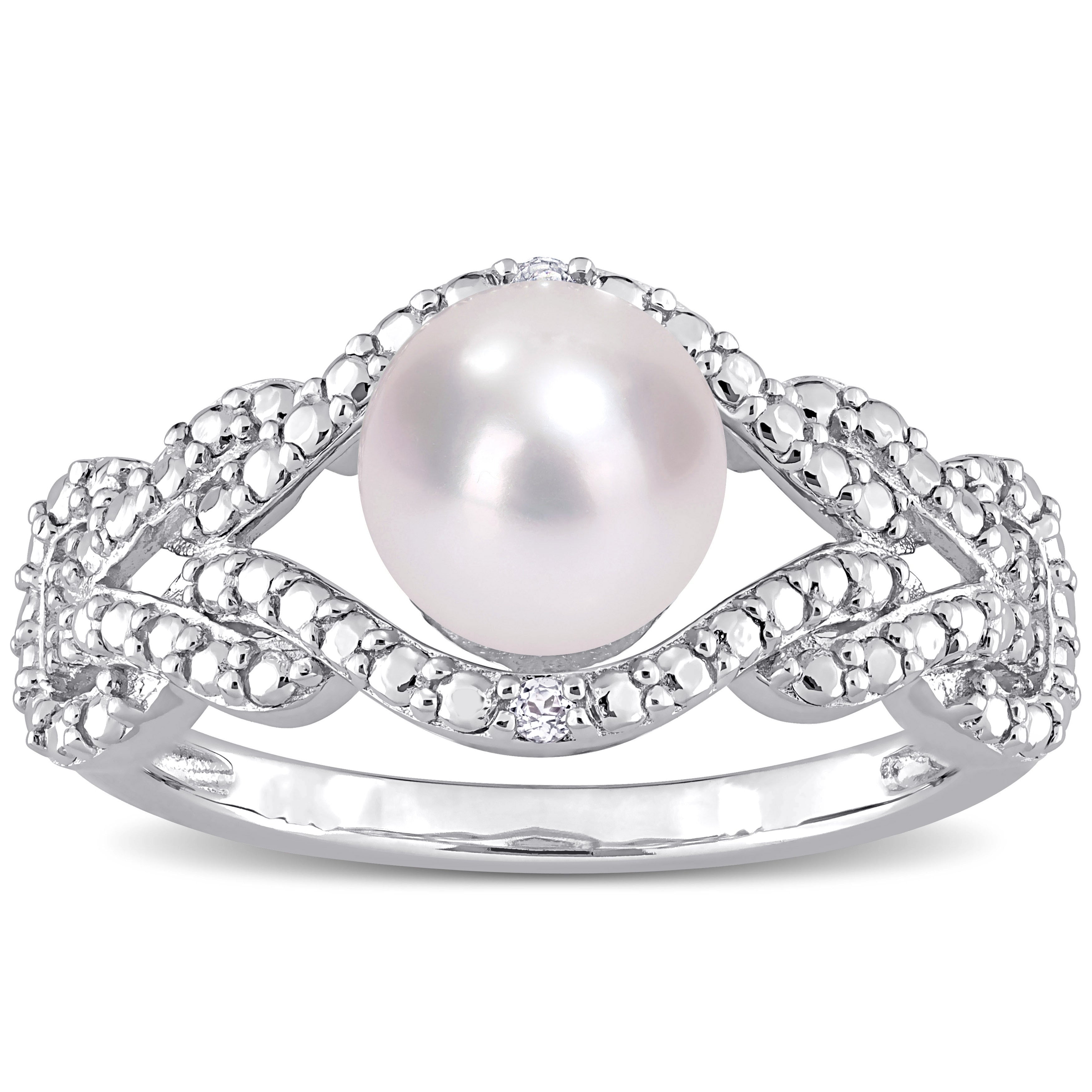 Miadora 7-7.5mm Cultured Freshwater Pearl and Diamond Accent Infinity Ring in Sterling Silver