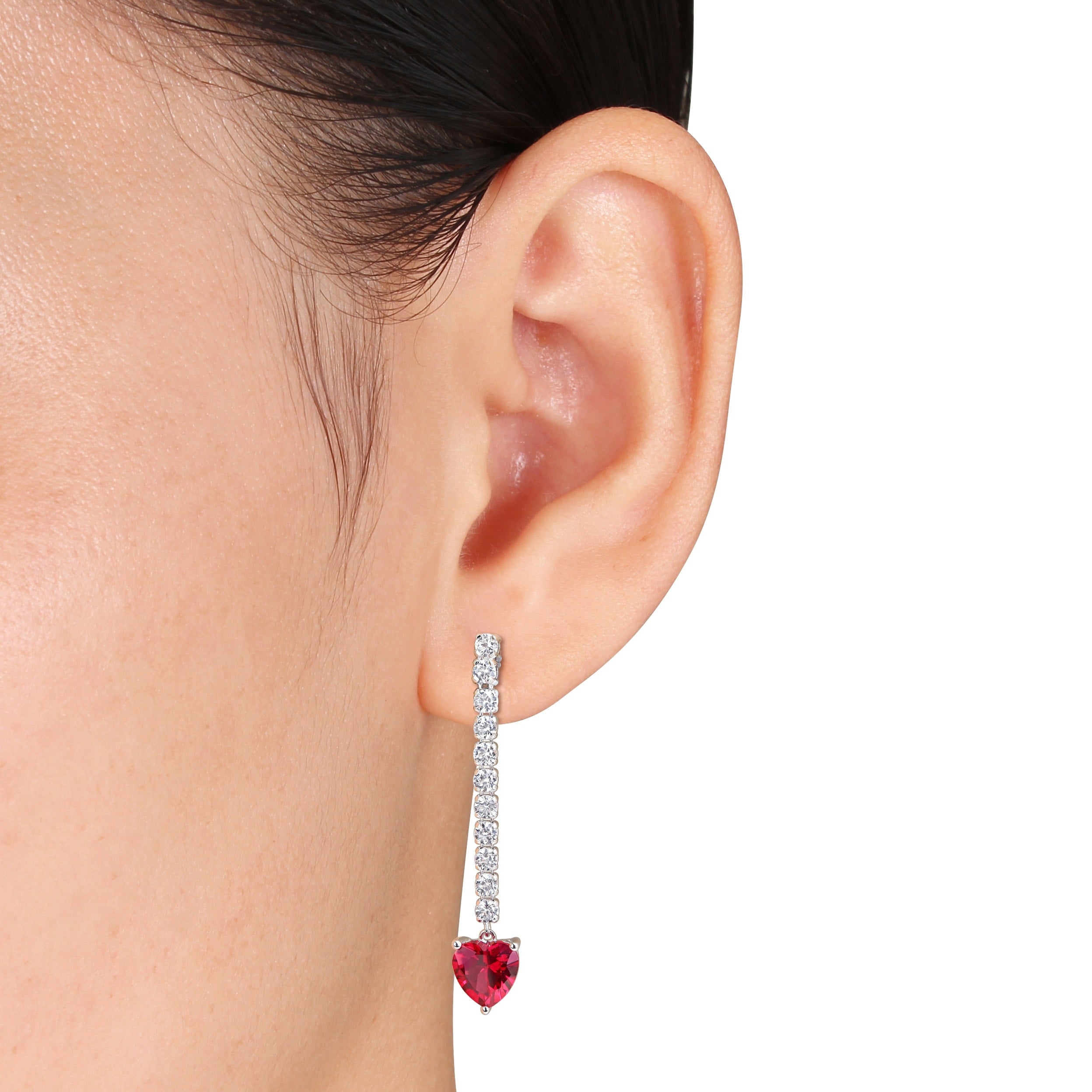 Miadora 8 1/3ct TGW Created Ruby White Sapphire Heart Drop Earrings in Sterling Silver