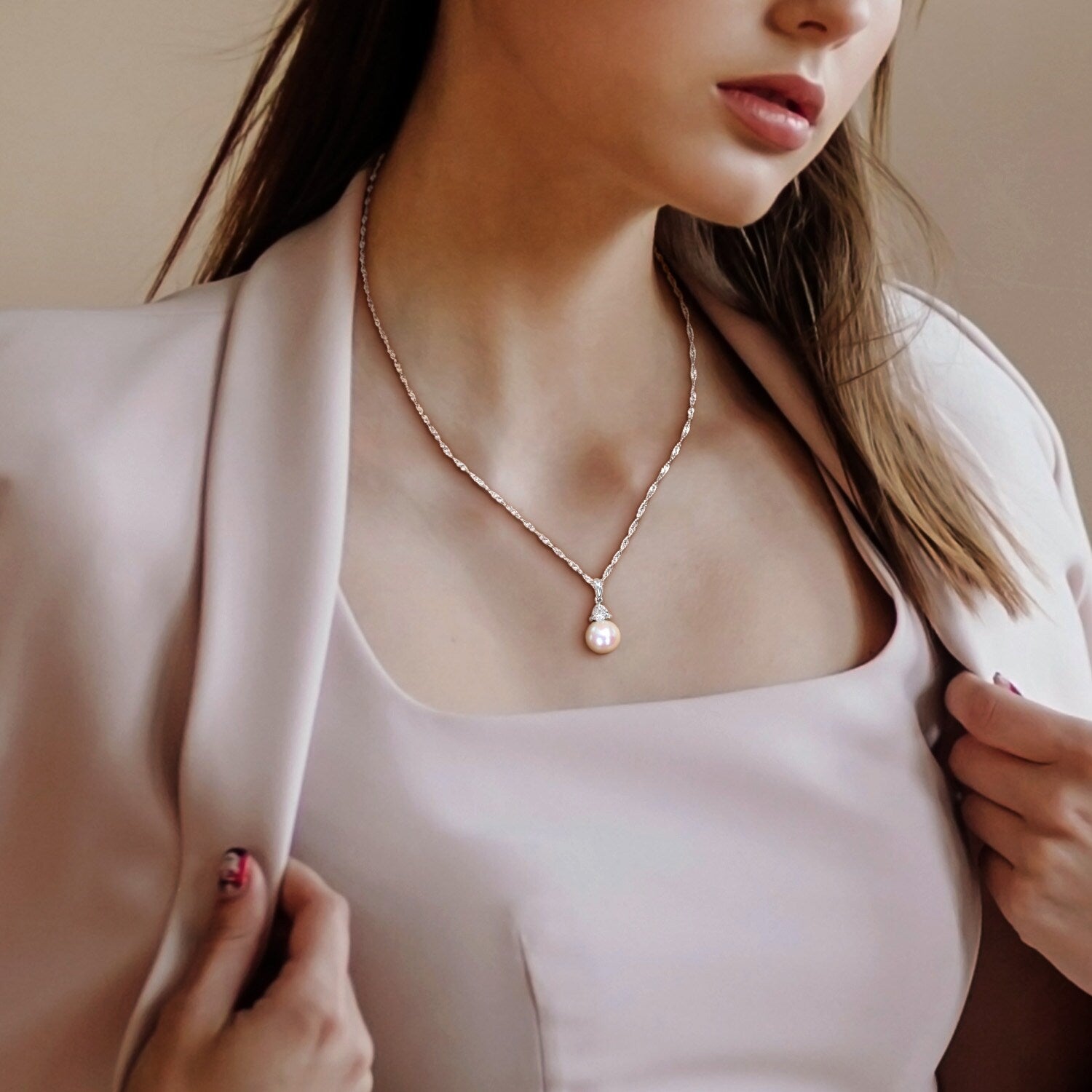 Miadora 8-8.5mm Cultured Freshwater Pearl and 1/3ct TGW Created White Sapphire Pendant with Chain 10k White Gold
