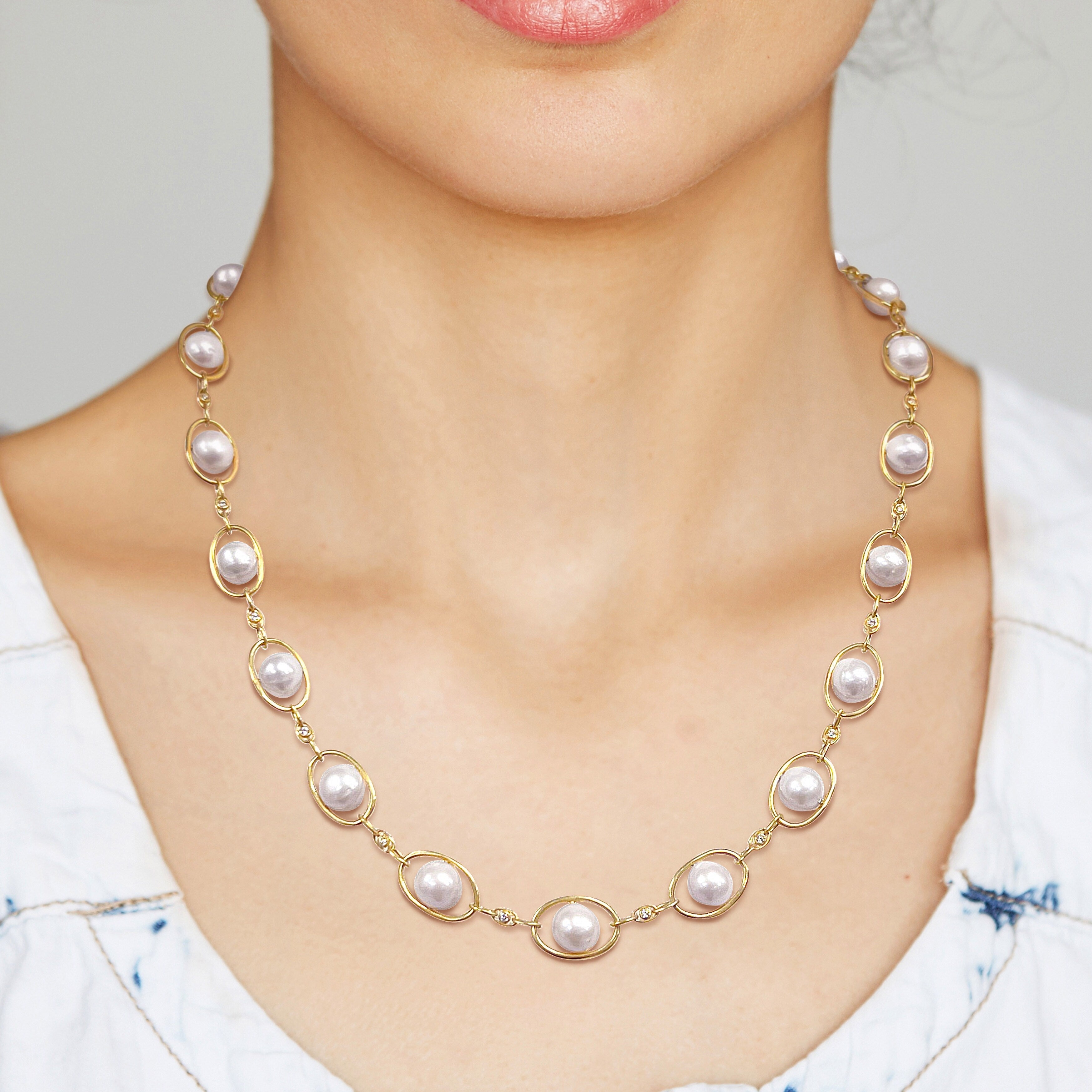 Miadora 8-8.5mm Cultured Freshwater Pearl and 1/3ct TGW Cubic Zirconia Oval Link Necklace in 18k Yellow Silver22 in