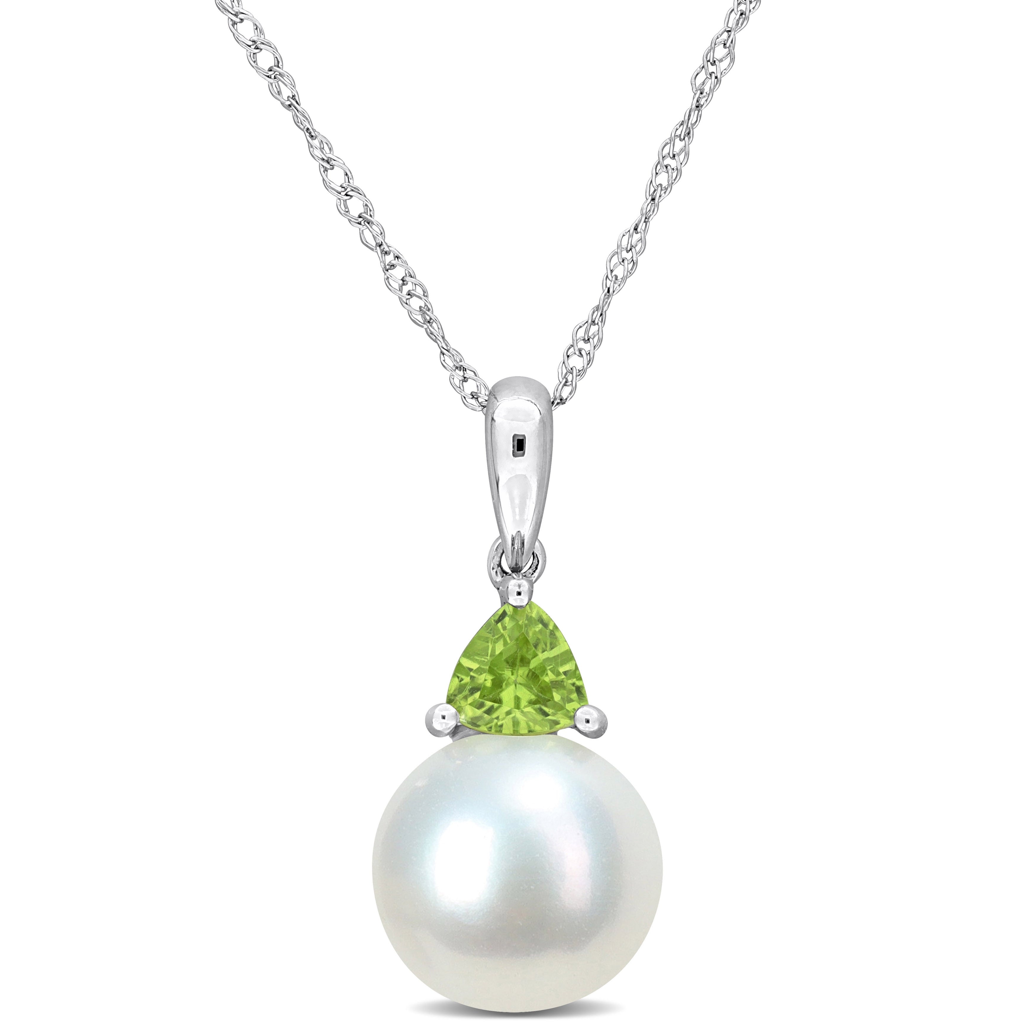Miadora 8-8.5mm Cultured Freshwater Pearl and 1/3ct TGW Peridot Pendant with Chain in 10k White Gold - 19 mm x 8.3 mm