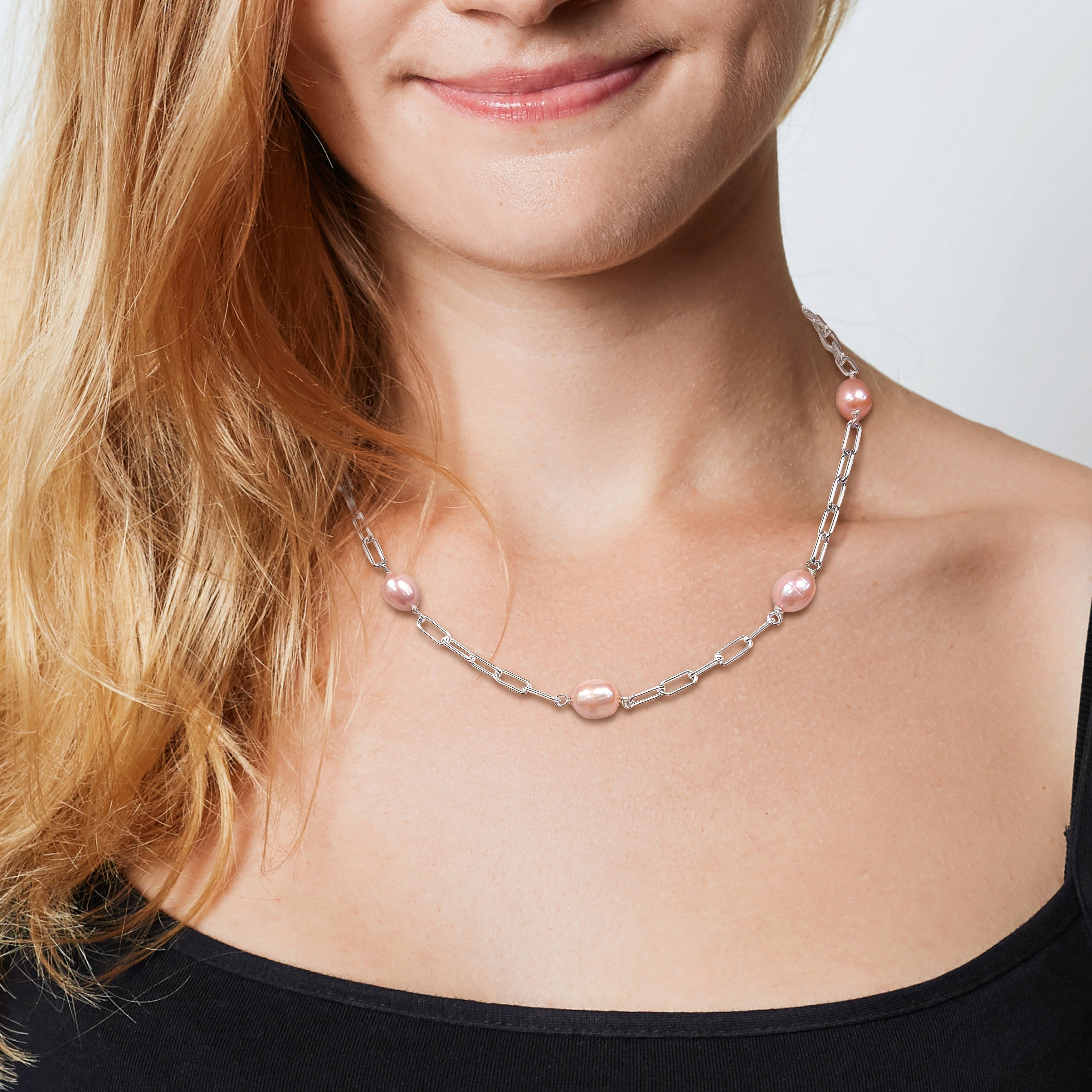Miadora 8-9mm Pink Cultured Freshwater Pearl Station Necklace in Sterling Silver - 18 in x 8.4 mm