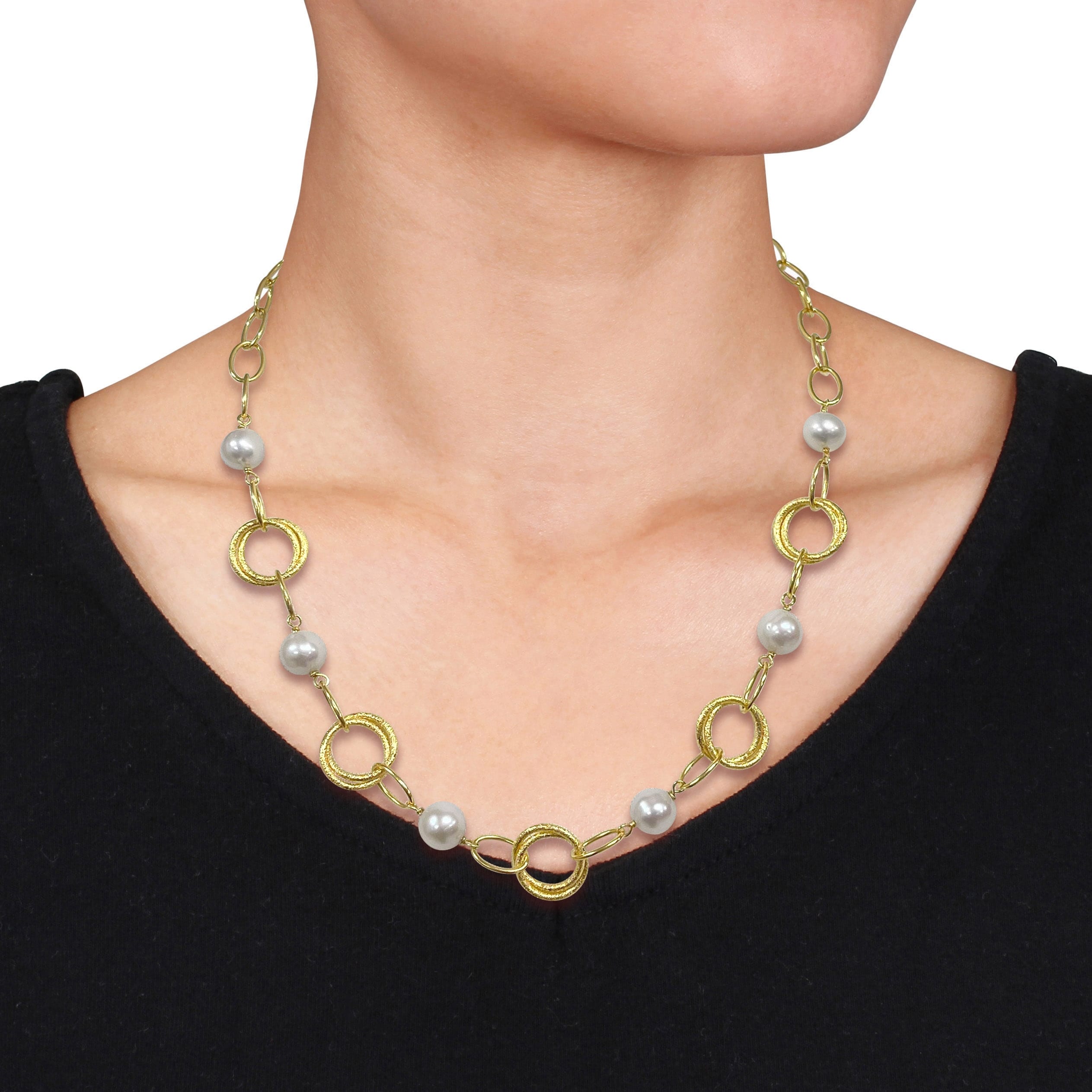 Miadora 9-10mm Cultured Freshwater Pearl and Circle Rings Necklace in Yellow Silver20 in - 20 in x 16.8 mm x 9.5 mm