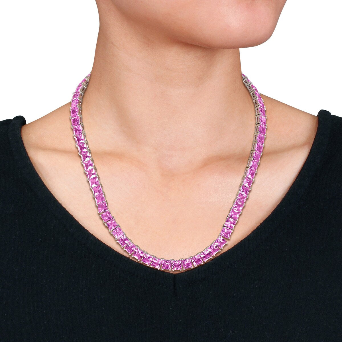 Miadora 90ct TGW Created Pink Sapphire Tennis Necklace in Sterling Silver