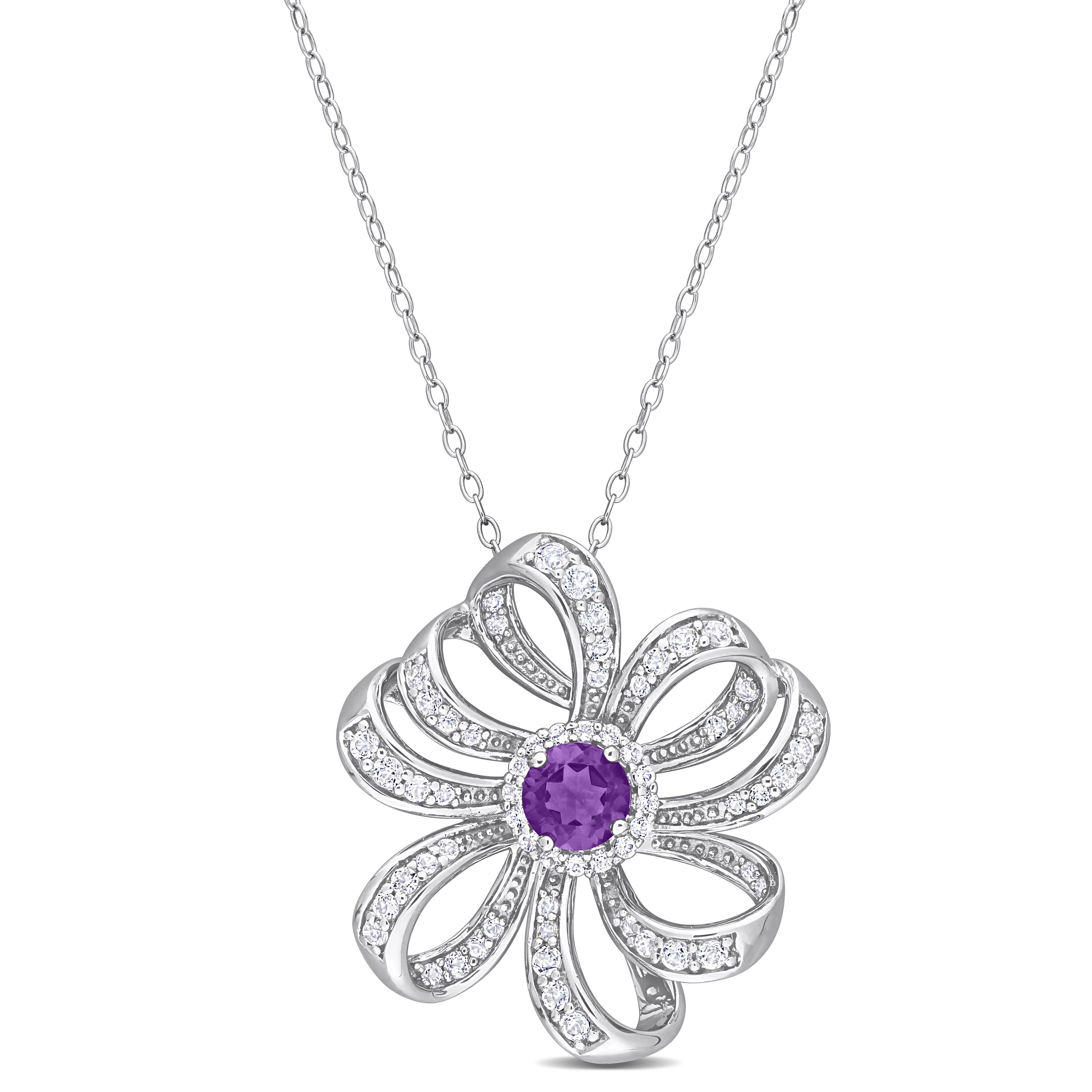 Miadora African Amethyst and White Topaz Floral Necklace in Sterling Silver