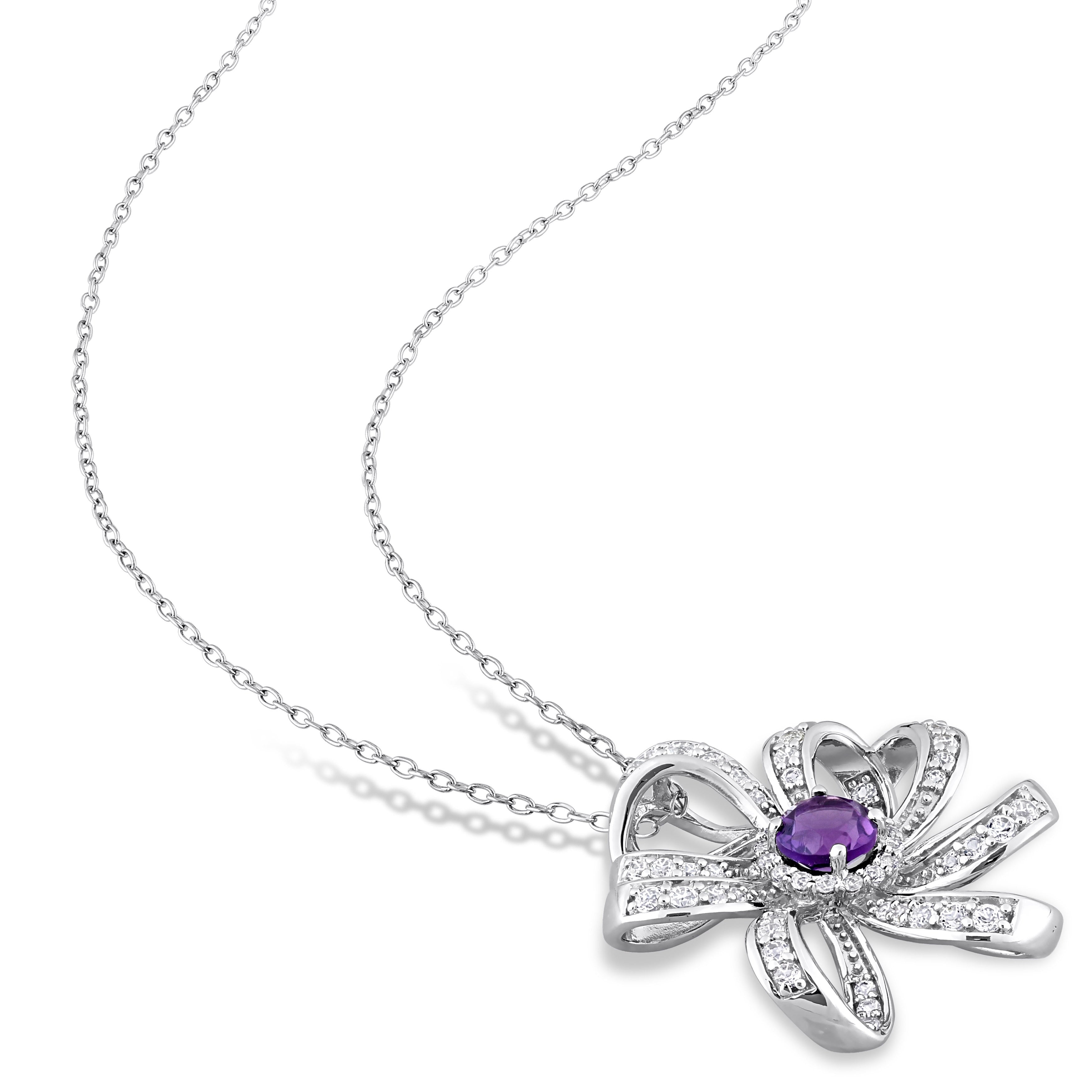 Miadora African Amethyst and White Topaz Floral Necklace in Sterling Silver