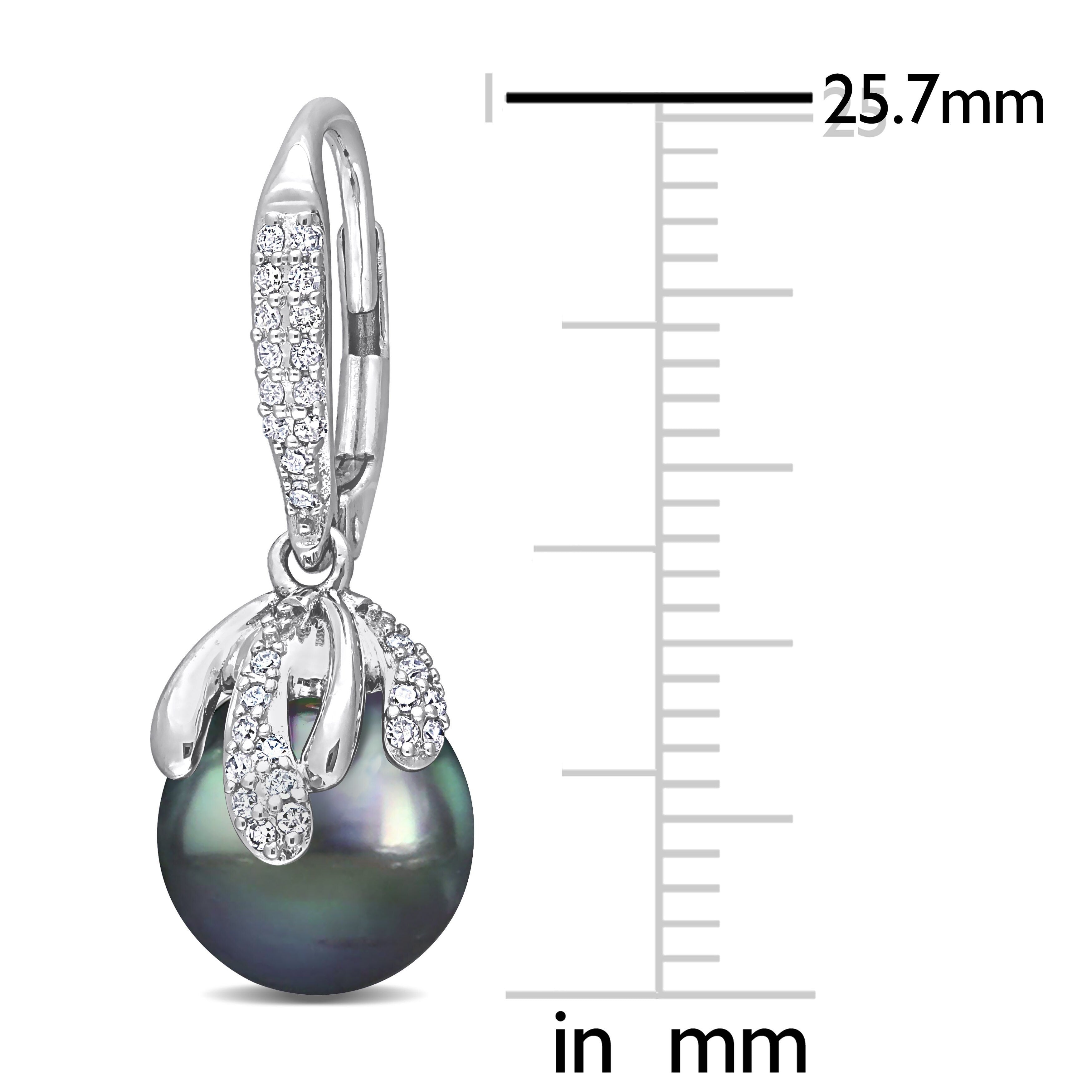Miadora Black Tahitian Cultured Pearl & 1/3ct TDW Diamond Leaf Leverback Earrings in 14k White Gold