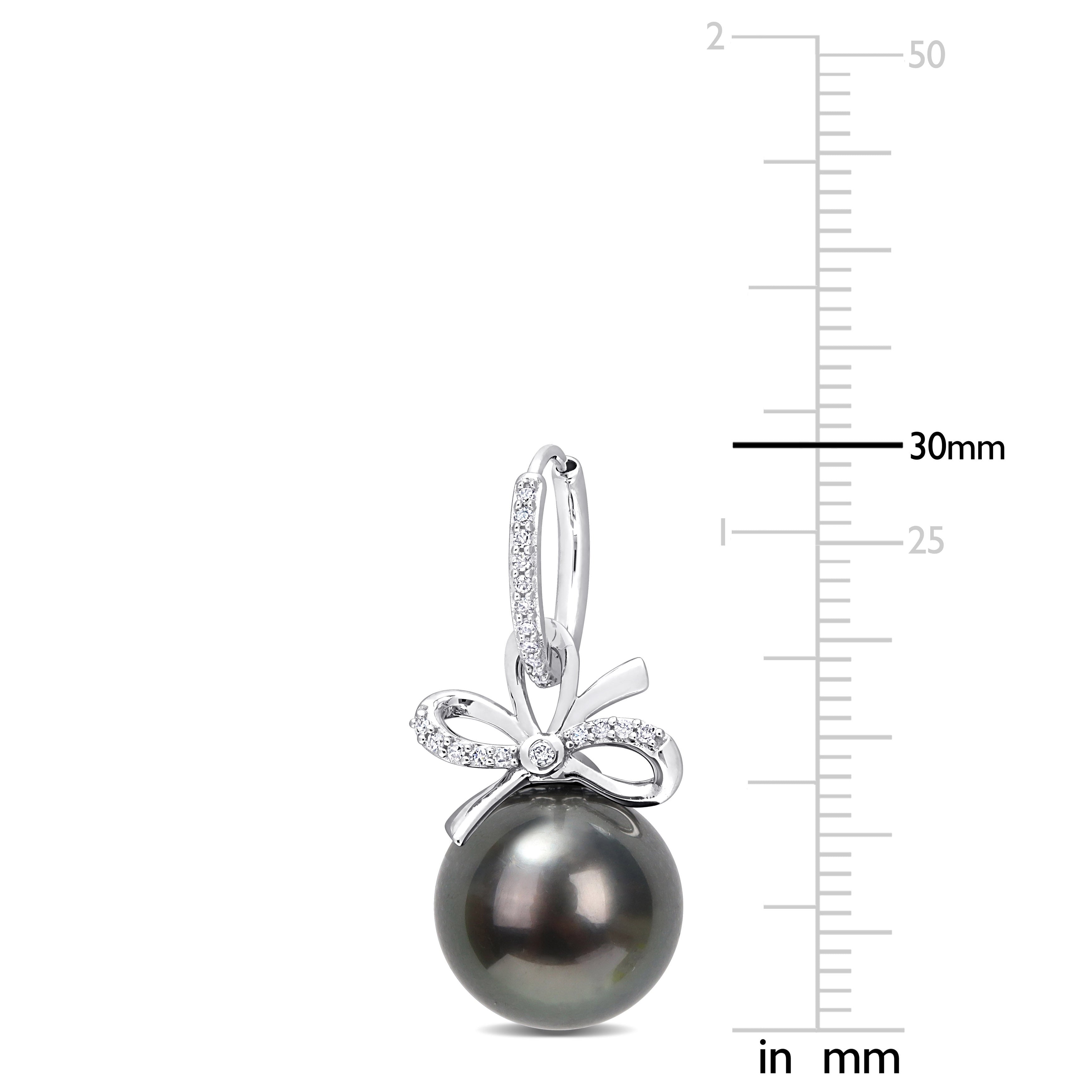 Miadora Black Tahitian Cultured Pearl & 1/4ct TDW Diamond Bow Hoop Earrings in 14k White Gold