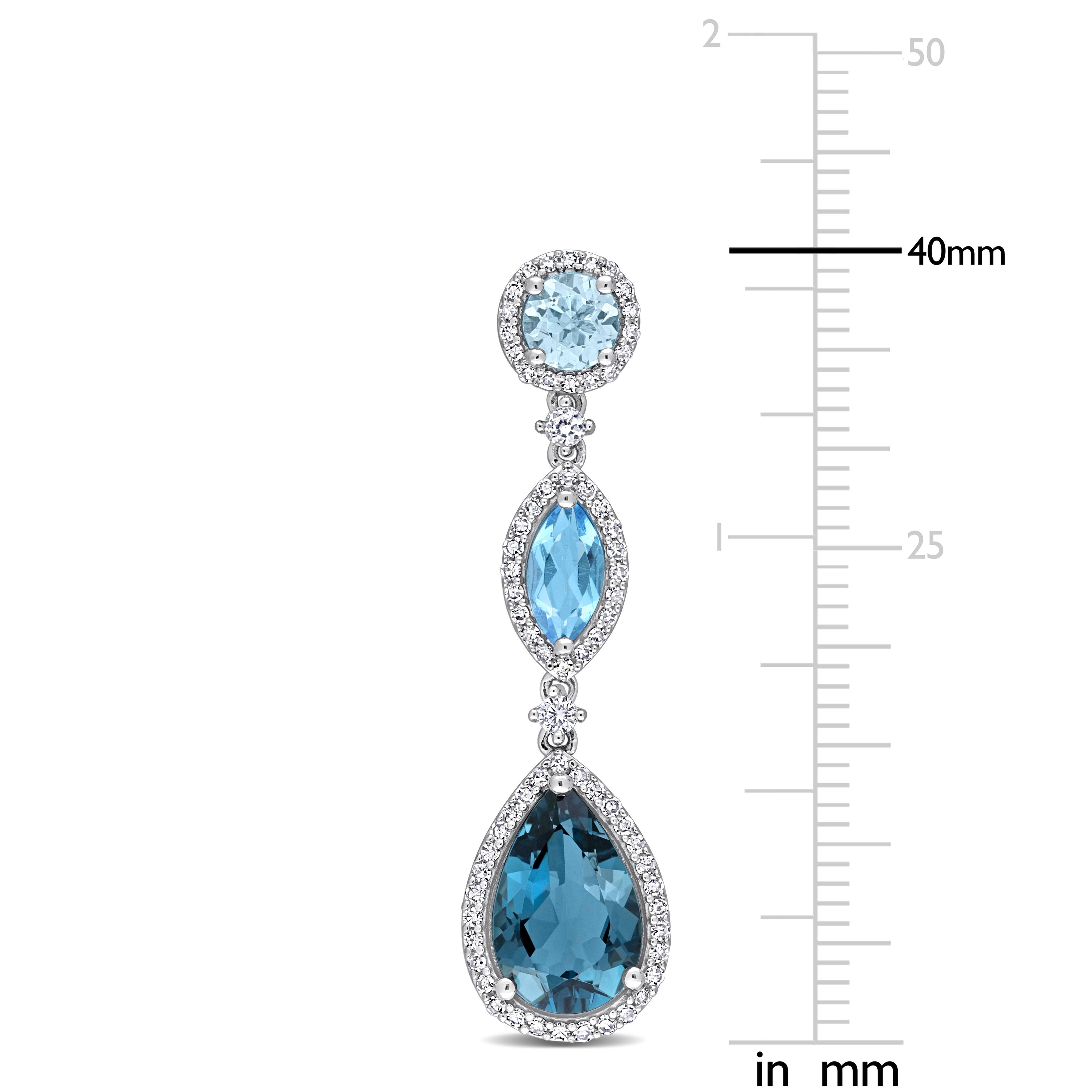 Miadora Blue Topaz, White Sapphire & 5/8ct TDW Diamond 3-Tier Halo Drop Earrings in 14k White Gold