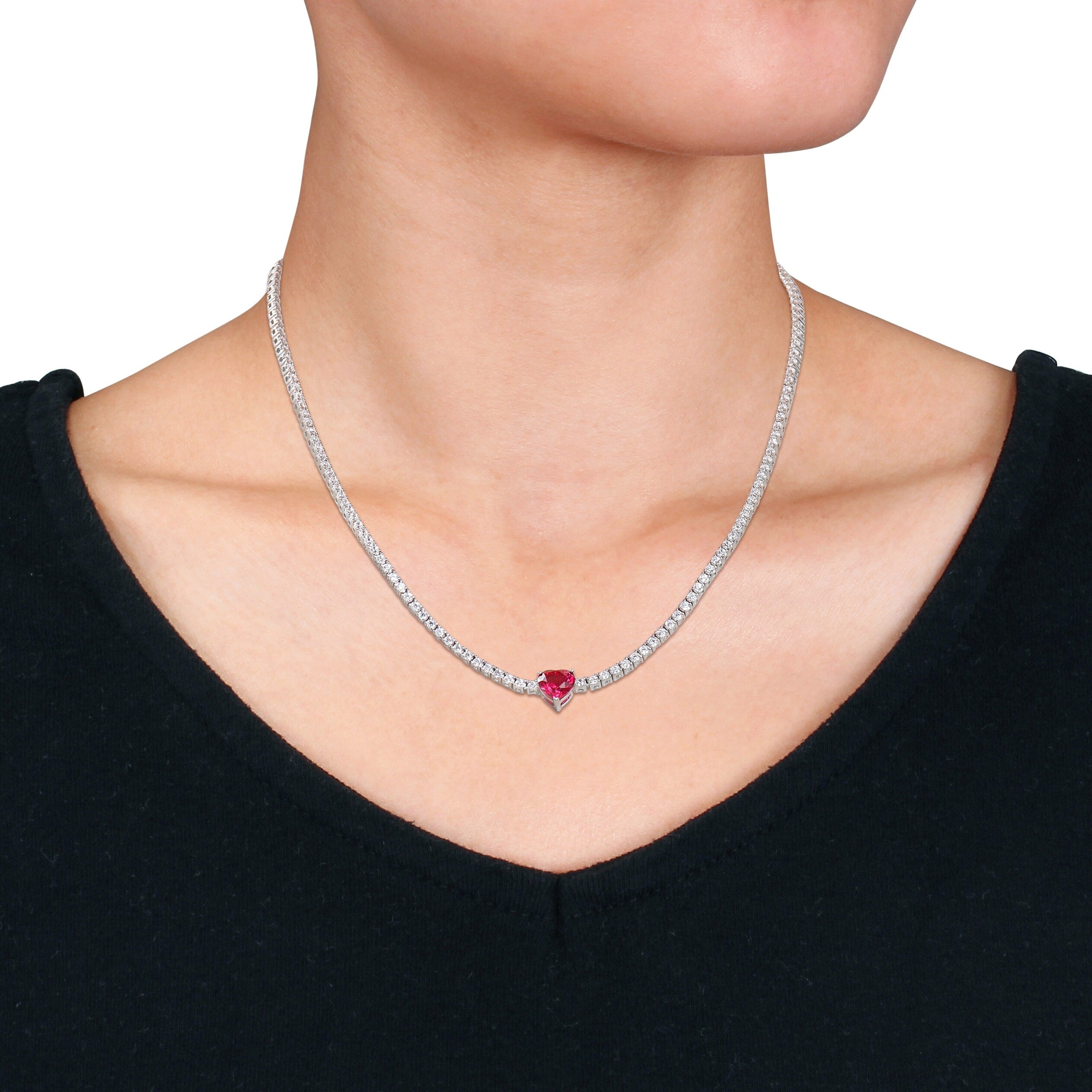 Miadora Created Ruby and Created White Sapphire Heart Necklace in Sterling Silver