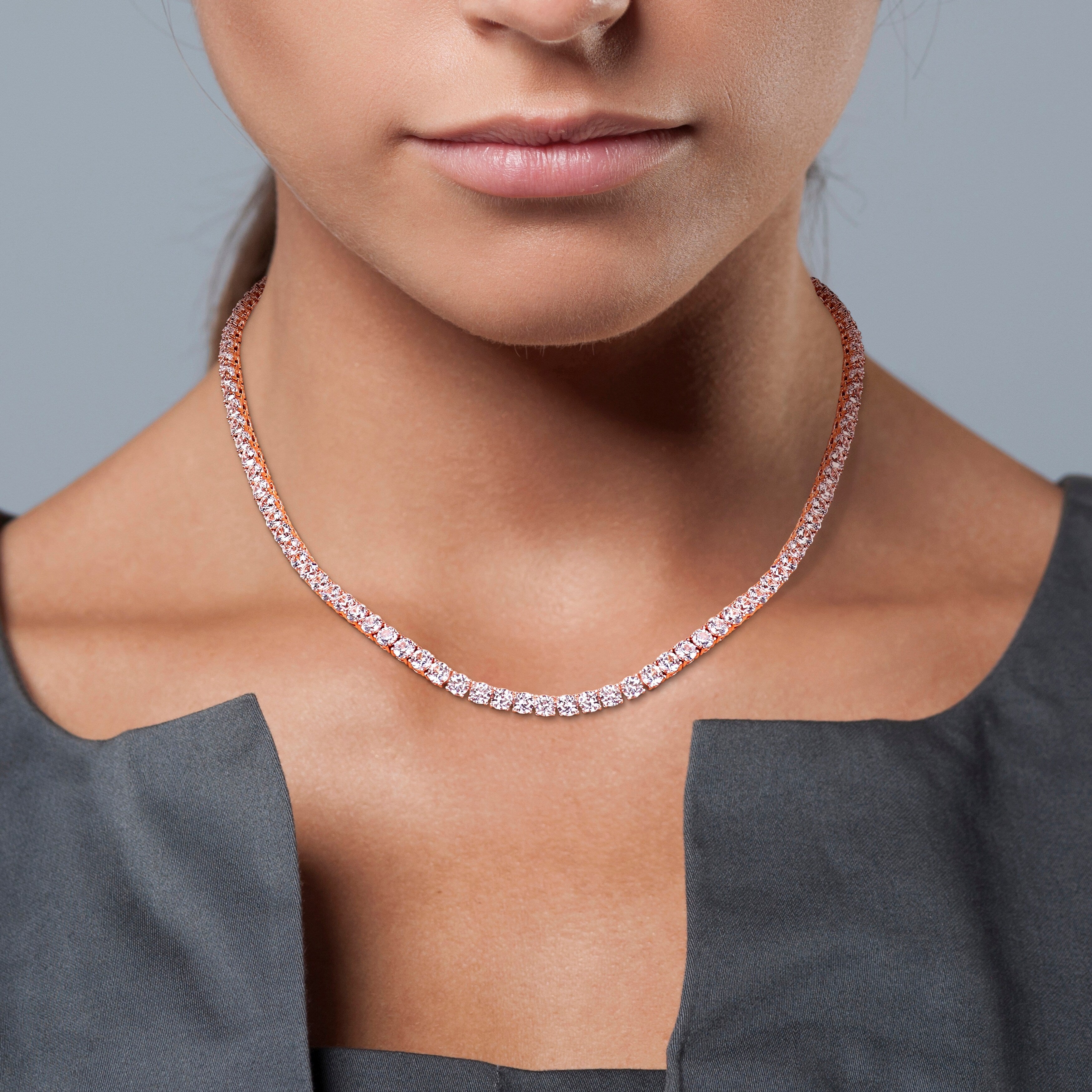 Miadora Created White Sapphire Classic Tennis Necklace in Rose Plated Sterling Silver