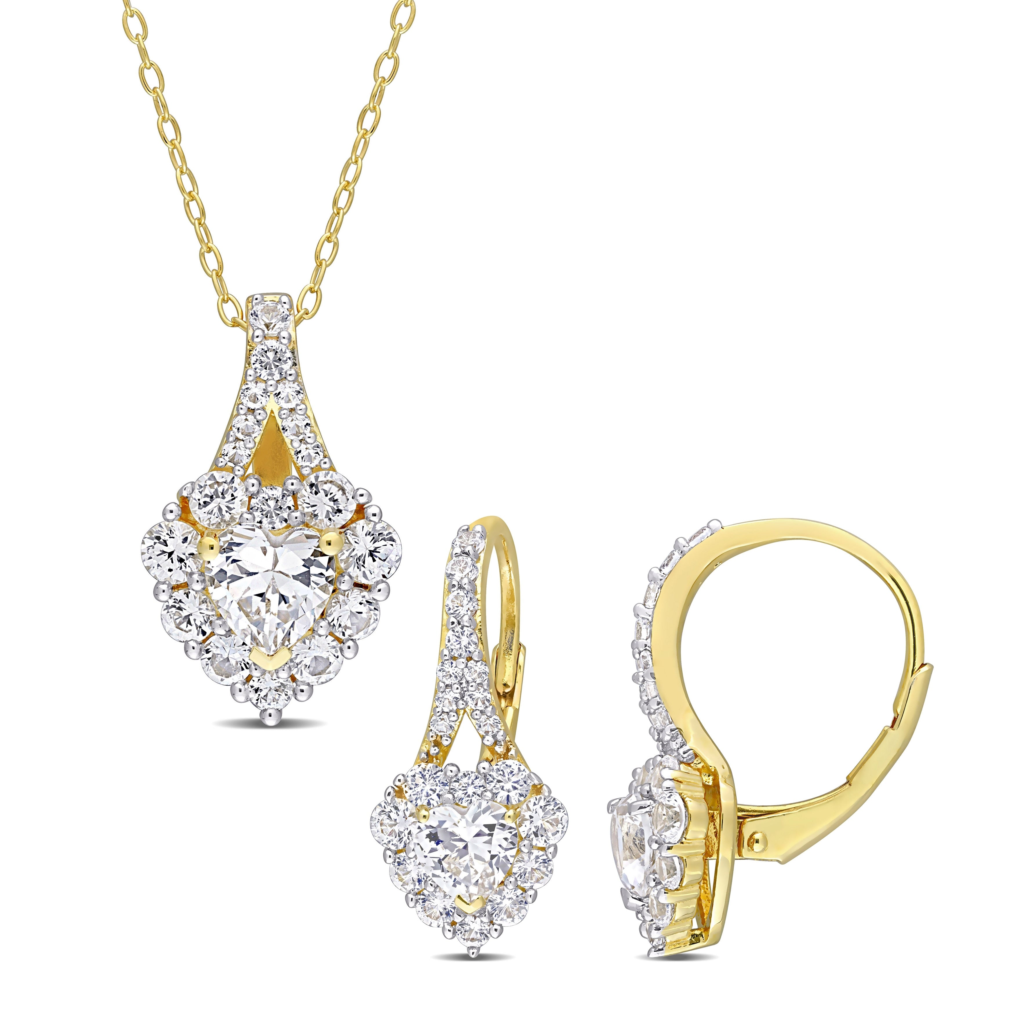 Miadora Created White Sapphire Fashion Earring & Pendant Set With Chain Yellow Silver