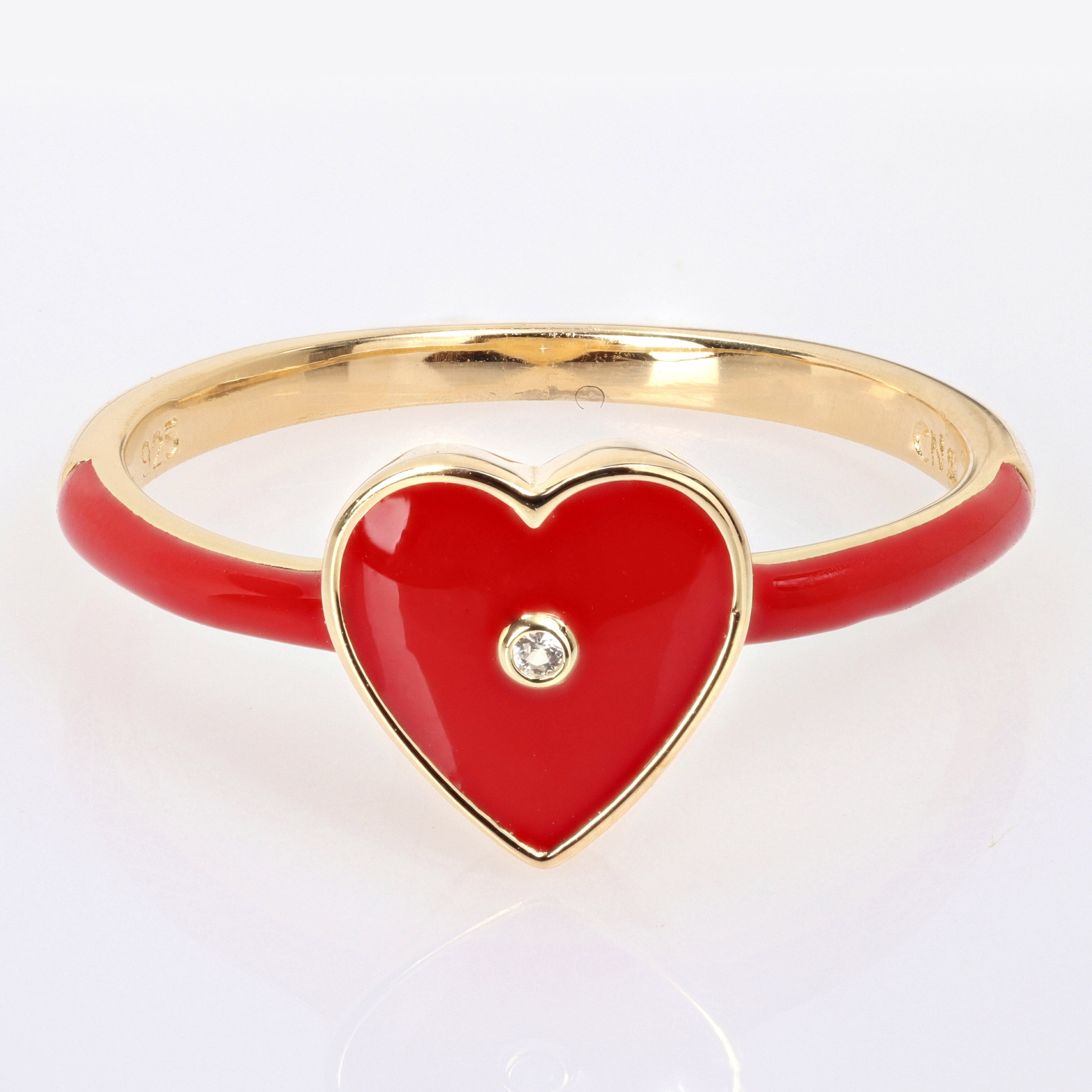 Miadora Created White Sapphire Heart Enamel Ring in Yellow Plated Sterling Silver