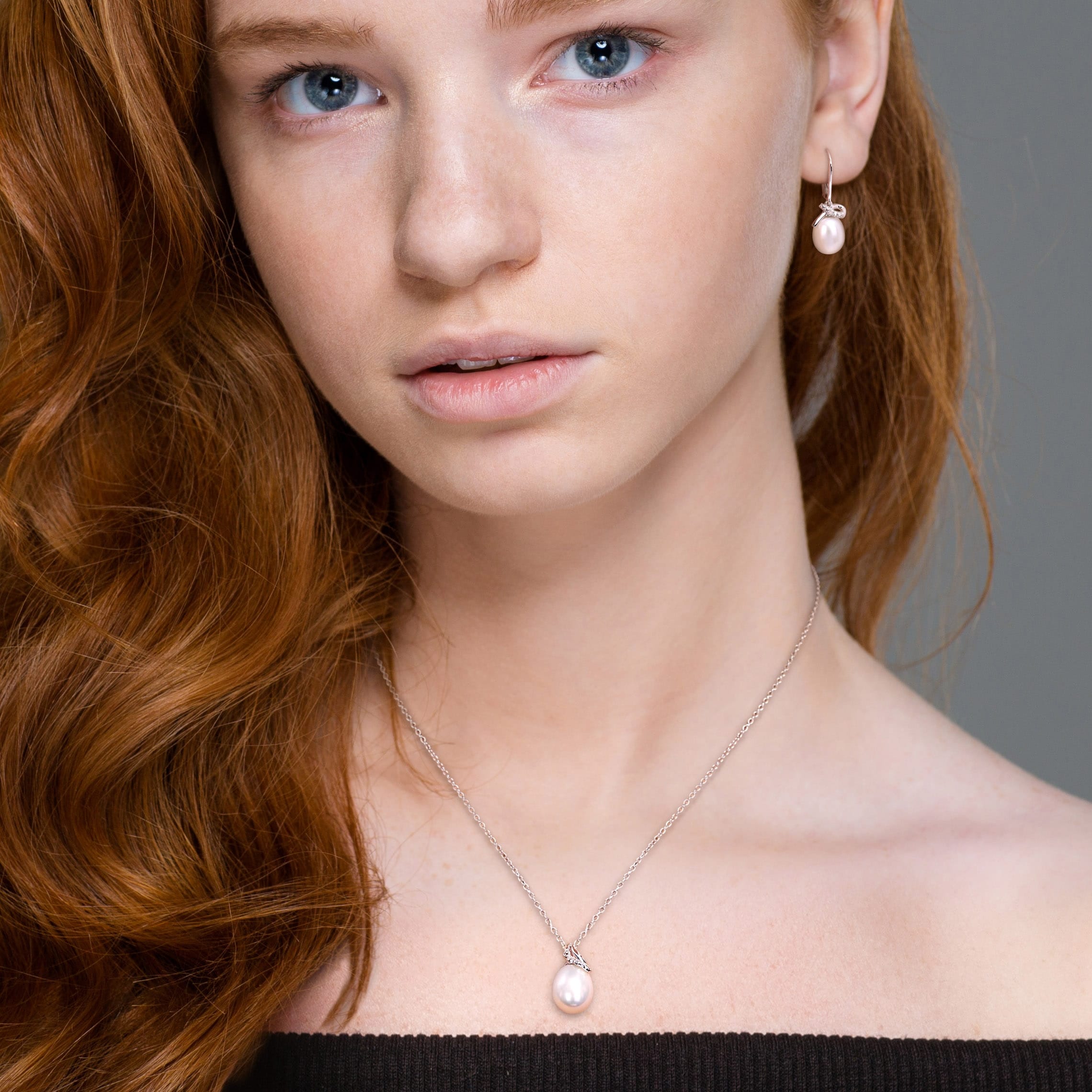 Miadora Cultured FW Pearl & Diamond Accent Drop Earrings & Necklace Set in Sterling SIlver (7.5-9mm)
