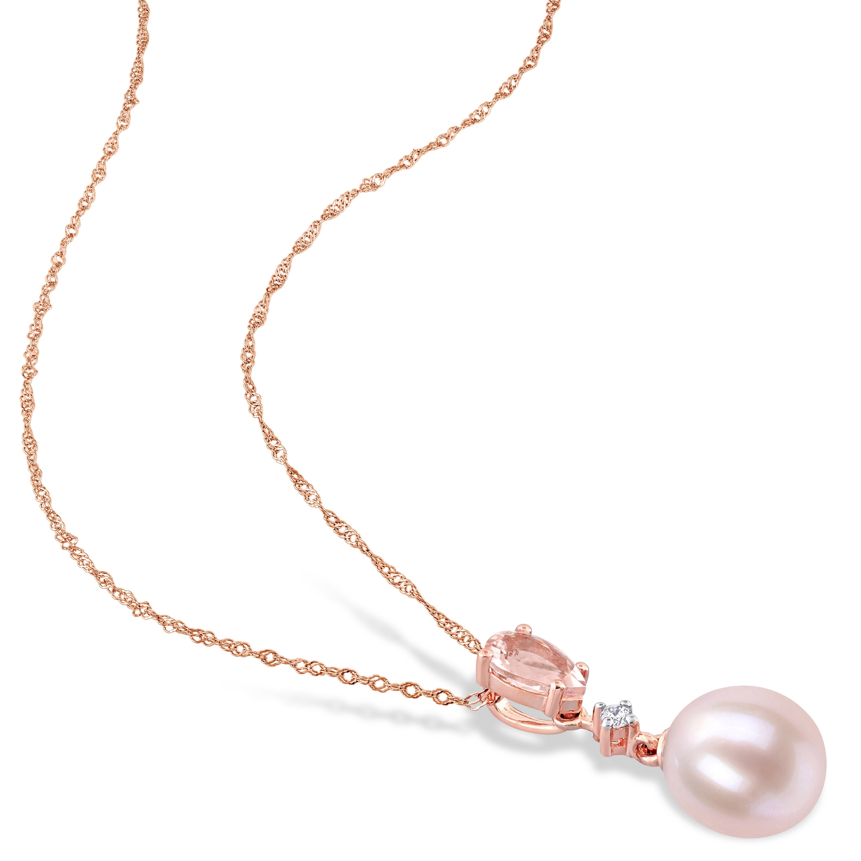 Miadora Cultured FW Pearl, Morganite & Diamond Accent Earrings & Necklace in 10k Rose Gold (9-9.5mm)