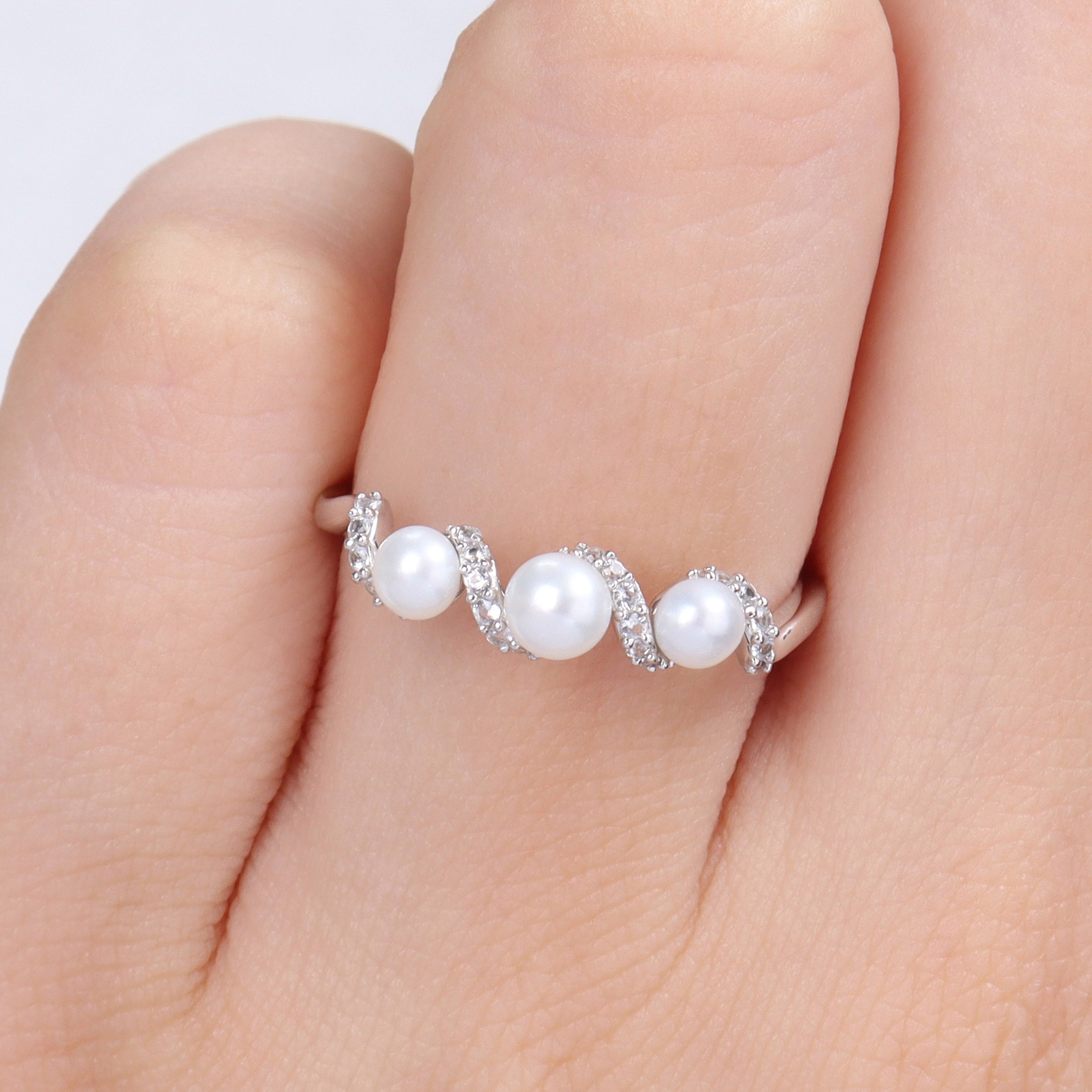 Miadora Cultured Freshwater Pearl and 1/4ct TGW Created White SapphireSwirl Ring in Sterling Silver