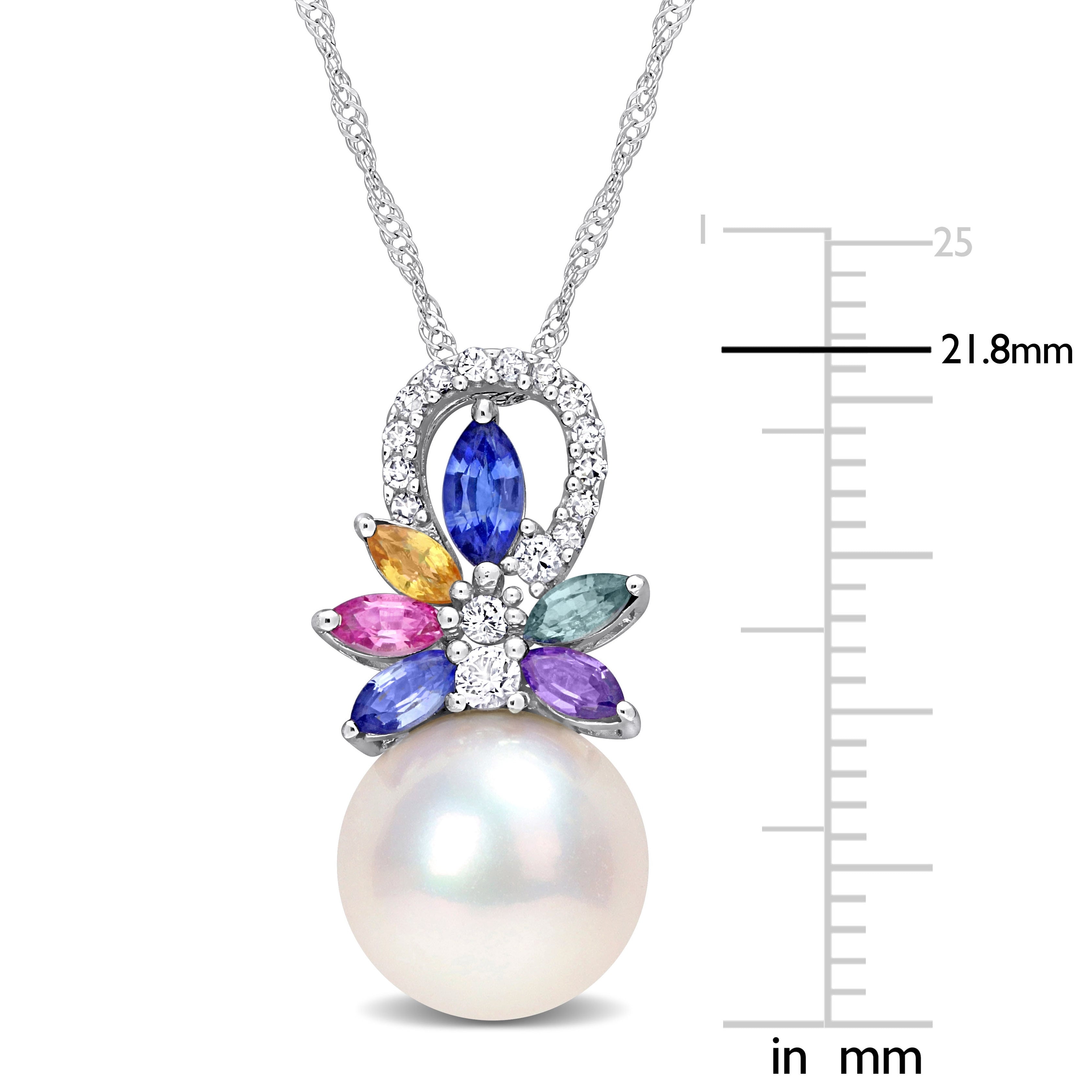Miadora Diamond Accent and 4/5 CT TGW Multi Color Sapphire and Freshwater Cultured Pearl Pendant with Chain 14k White Gold