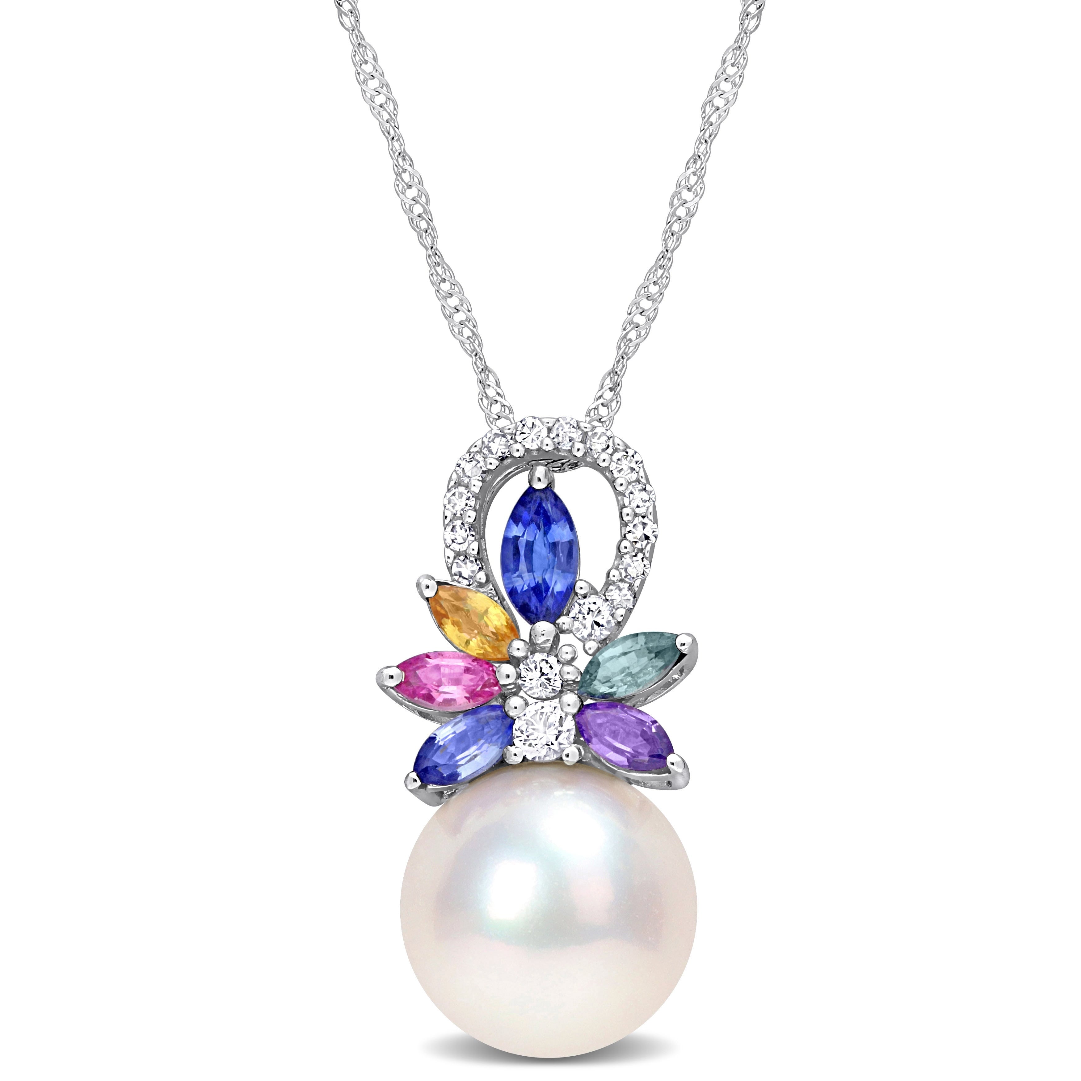 Miadora Diamond Accent and 4/5 CT TGW Multi Color Sapphire and Freshwater Cultured Pearl Pendant with Chain 14k White Gold