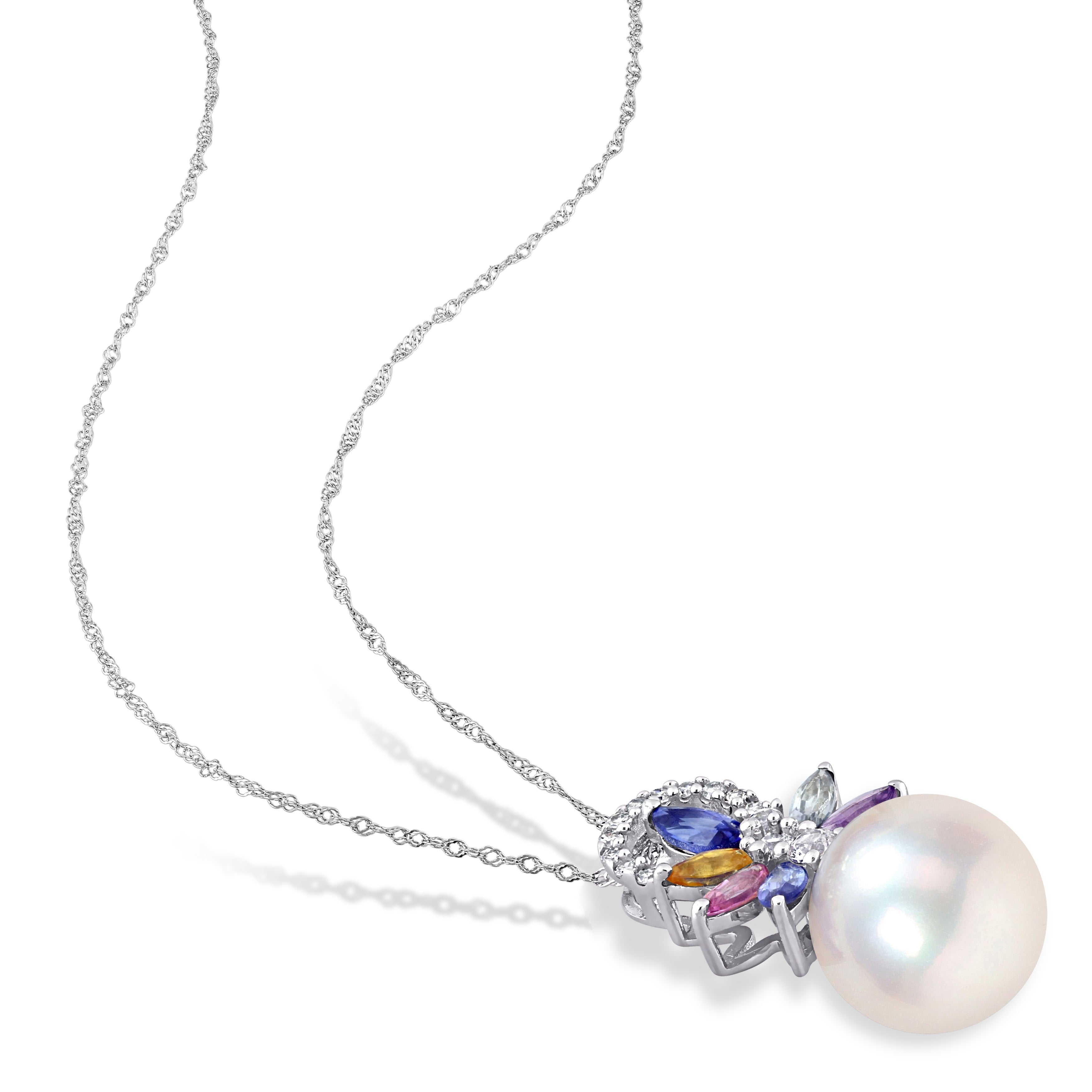 Miadora Diamond Accent and 4/5 CT TGW Multi Color Sapphire and Freshwater Cultured Pearl Pendant with Chain 14k White Gold